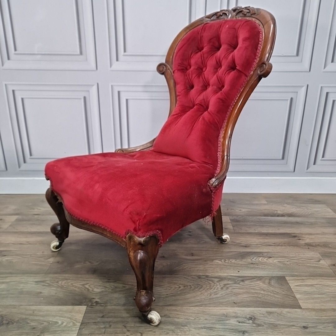 Antique Spoon Back Chair Victorian Carved Button Fireside Nursing Seat Resto photo furniture