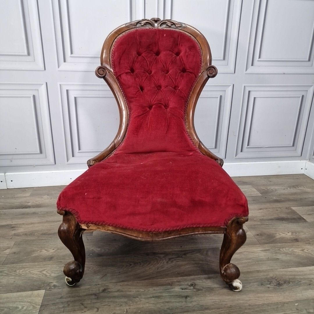 Antique Spoon Back Chair Victorian Carved Button Fireside Nursing Seat Resto photo Furniture
