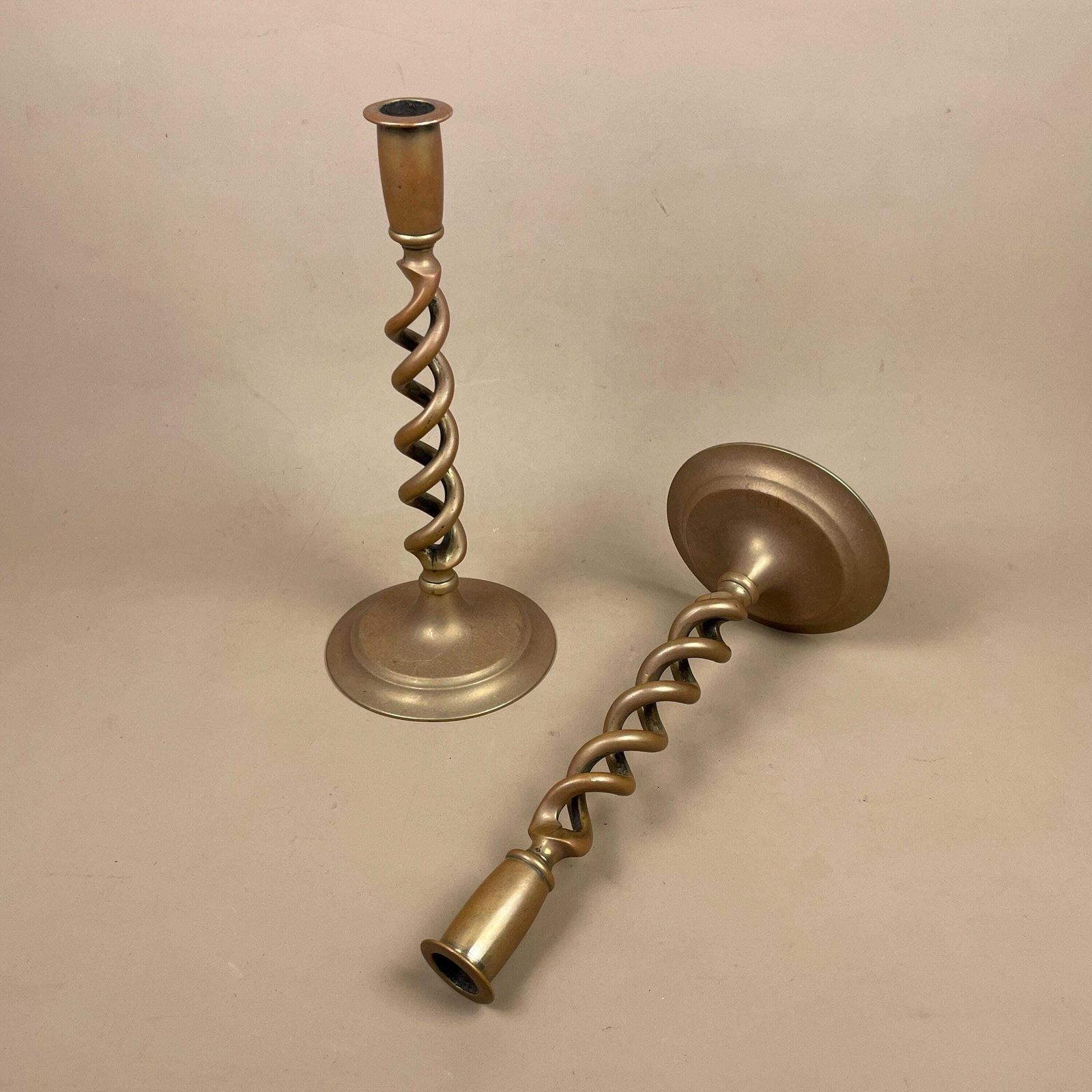 Antique Matching Pair Of Oriental Chinese Gold Brass Metal Candlestick Candle Stick Vintage Column Taper Dinner Candlesticks Twisted Twist photo furniture