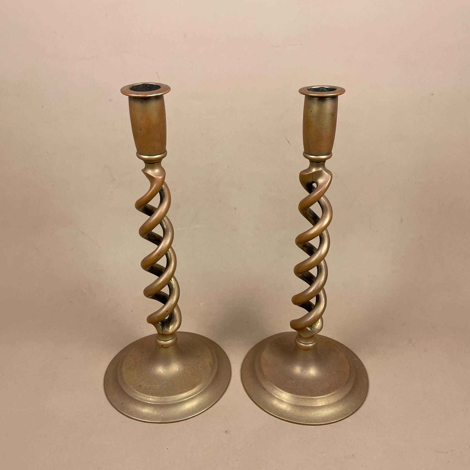 Antique Matching Pair Of Oriental Chinese Gold Brass Metal Candlestick Candle Stick Vintage Column Taper Dinner Candlesticks Twisted Twist photo for sale