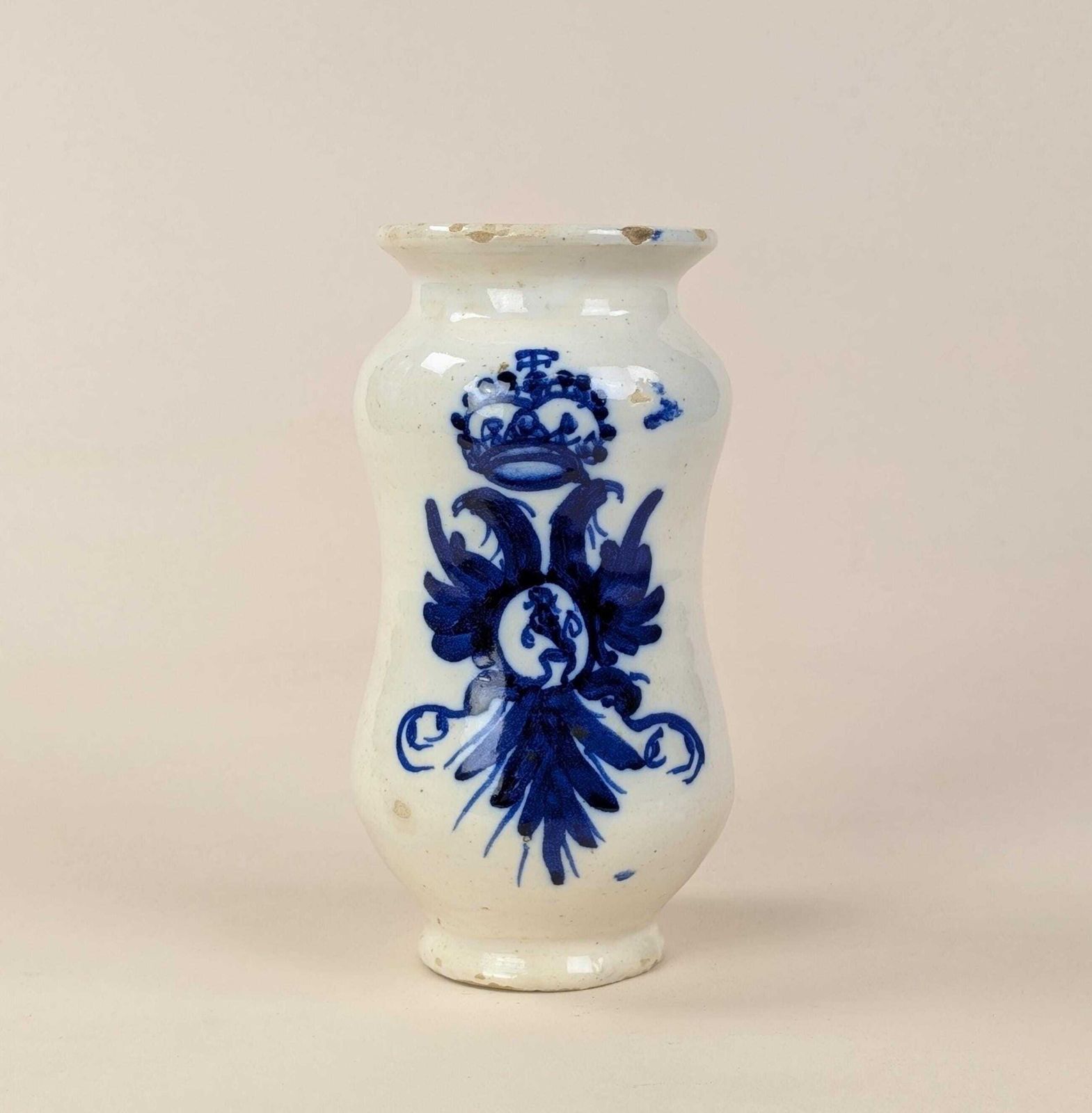 Home Decor Faience Apothecary Jar Albarello, Antique Italian Double Headed Eagle Blue White Ceramic Pharmacy Vessel photo