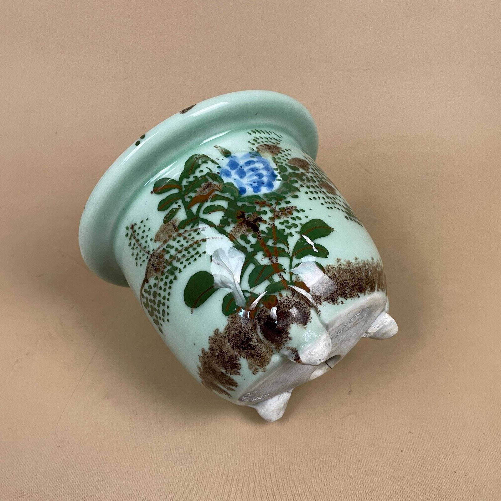 Oriental Celadon Jardiniere Hand Painted Ceramic Pot Planter Chinese Antique Cache Decorative Vase Flowerpot Display Asian Floral Feet Green photo furniture