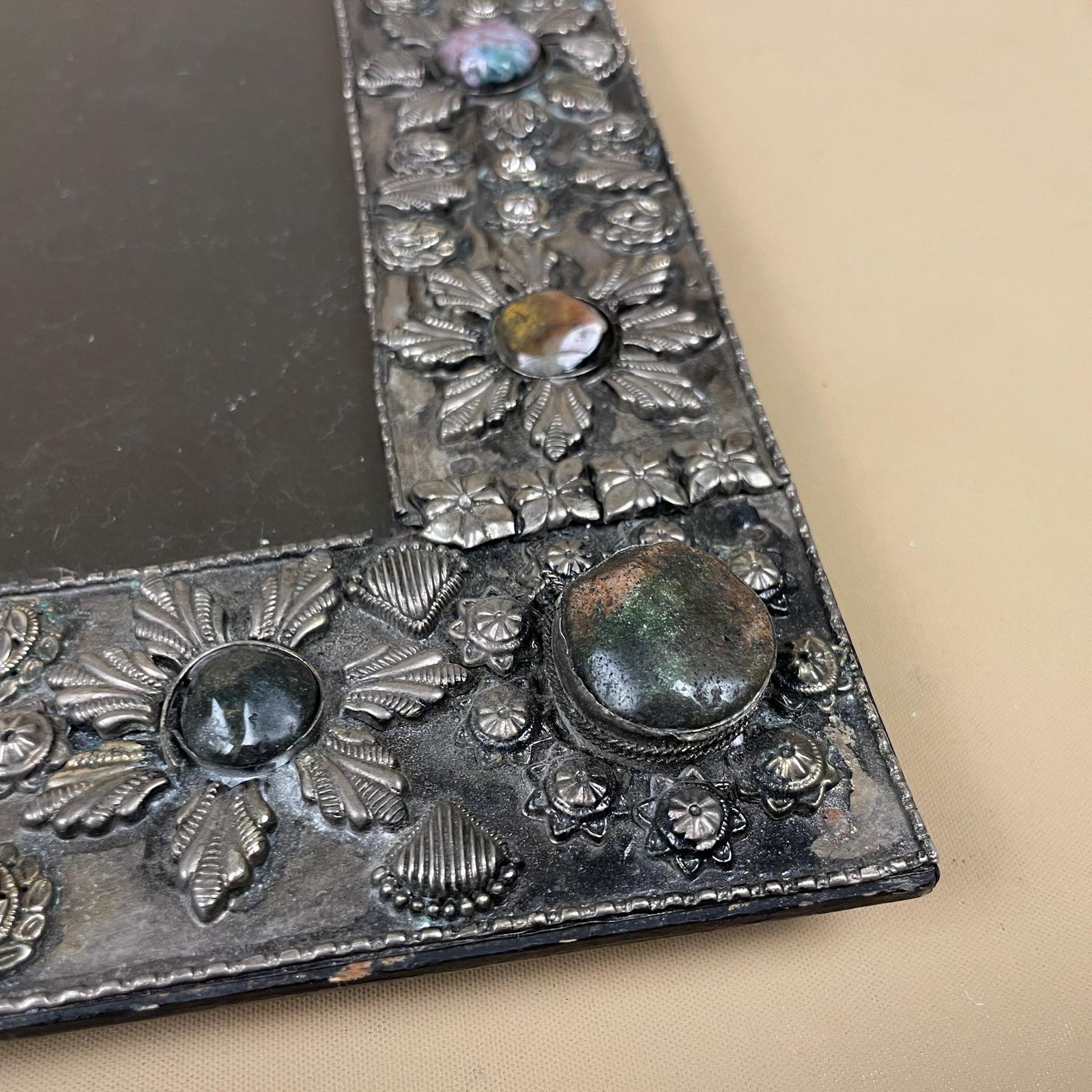 Indian Metal Picture Frame Glass Vanity Photo Patterned Gem Stone Handmade Photos Silver Freestanding Rectangle Ornate Pattern 30.5x25.5cm photo for sale