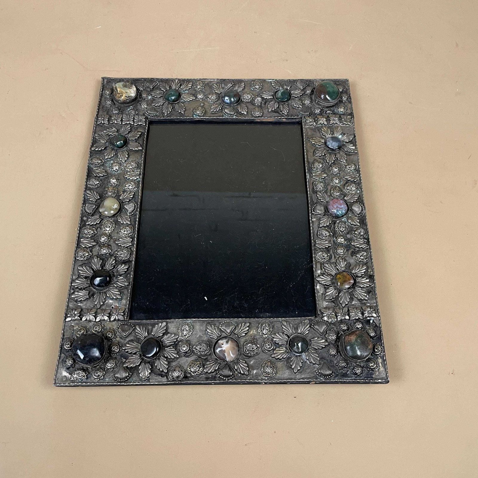 Indian Metal Picture Frame Glass Vanity Photo Patterned Gem Stone Handmade Photos Silver Freestanding Rectangle Ornate Pattern 30.5x25.5cm photo Home Decor
