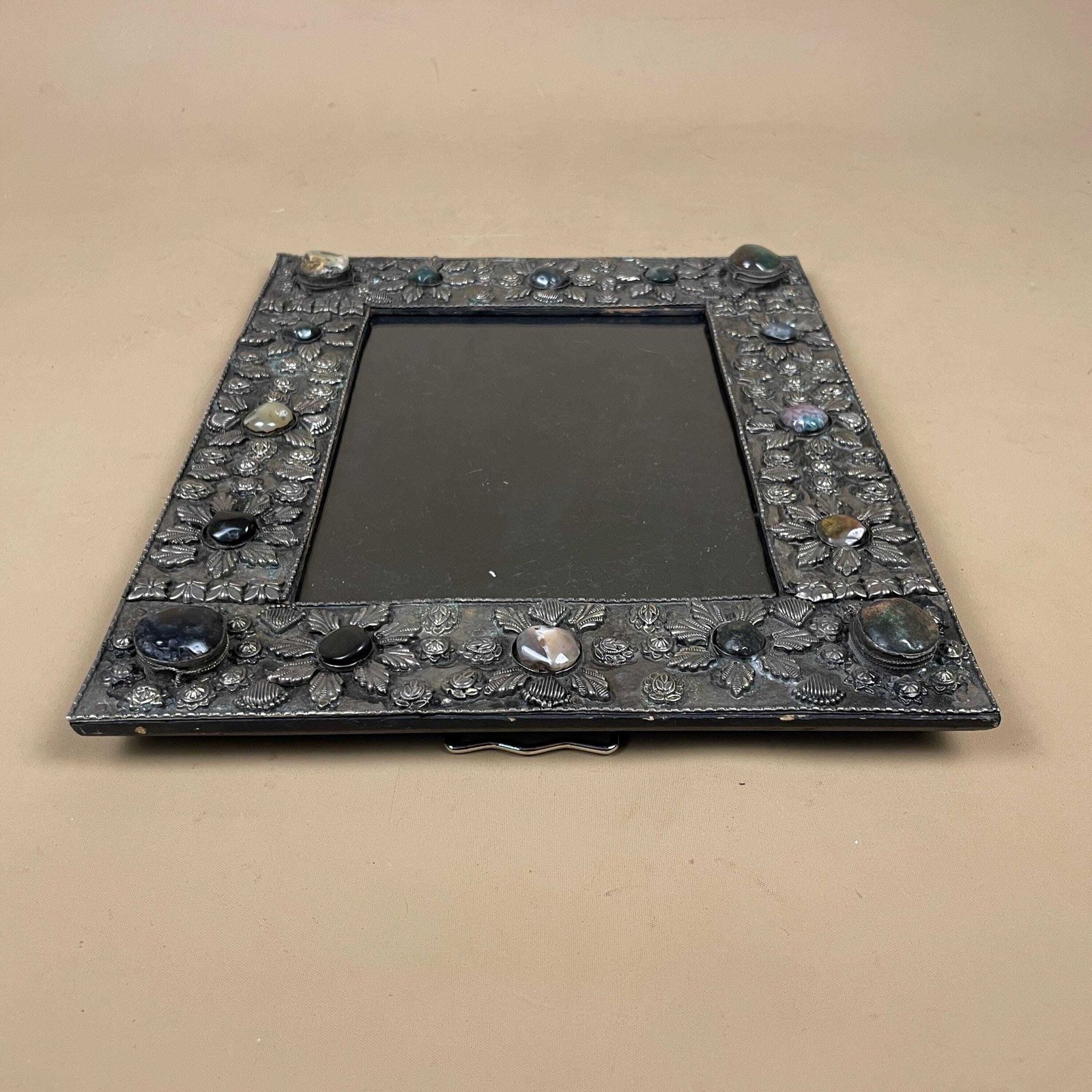 Indian Metal Picture Frame Glass Vanity Photo Patterned Gem Stone Handmade Photos Silver Freestanding Rectangle Ornate Pattern 30.5x25.5cm photo 59.0