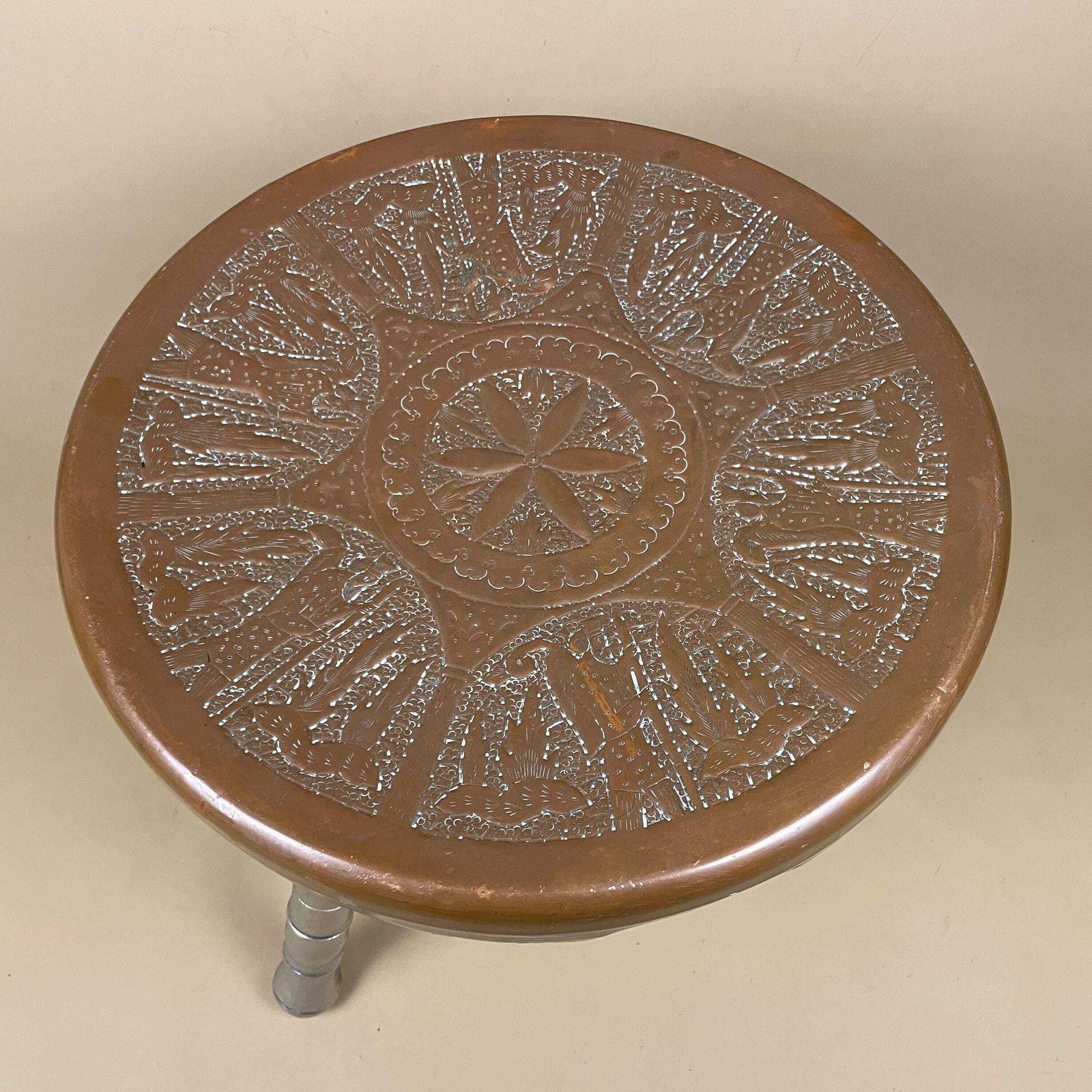Indian Copper Foot Warmer Tripod Table Stool Ornate Low Heater Silver Legs Vintage Stand Metal photo Furniture