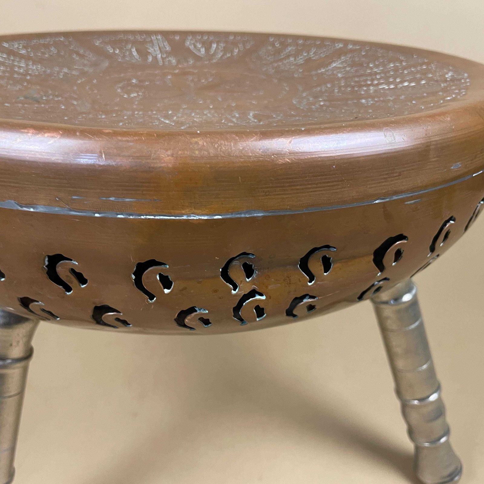 photo for sale Indian Copper Foot Warmer Tripod Table Stool Ornate Low Heater Silver Legs Vintage Stand Metal
