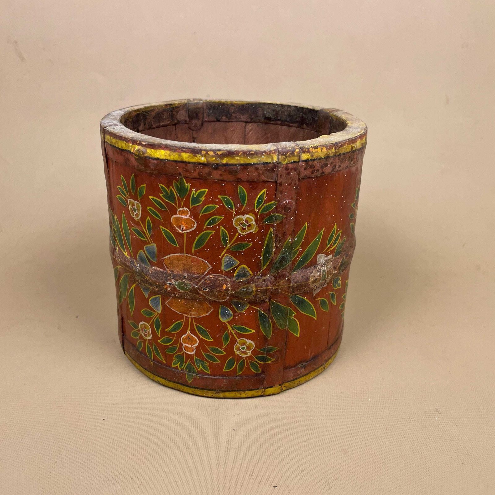 Vintage Hand Painted Wooden Planer Pot Red Floral Decorative Indian Wood Rustic Boho Barrel Vessel Farmhouse Cottage