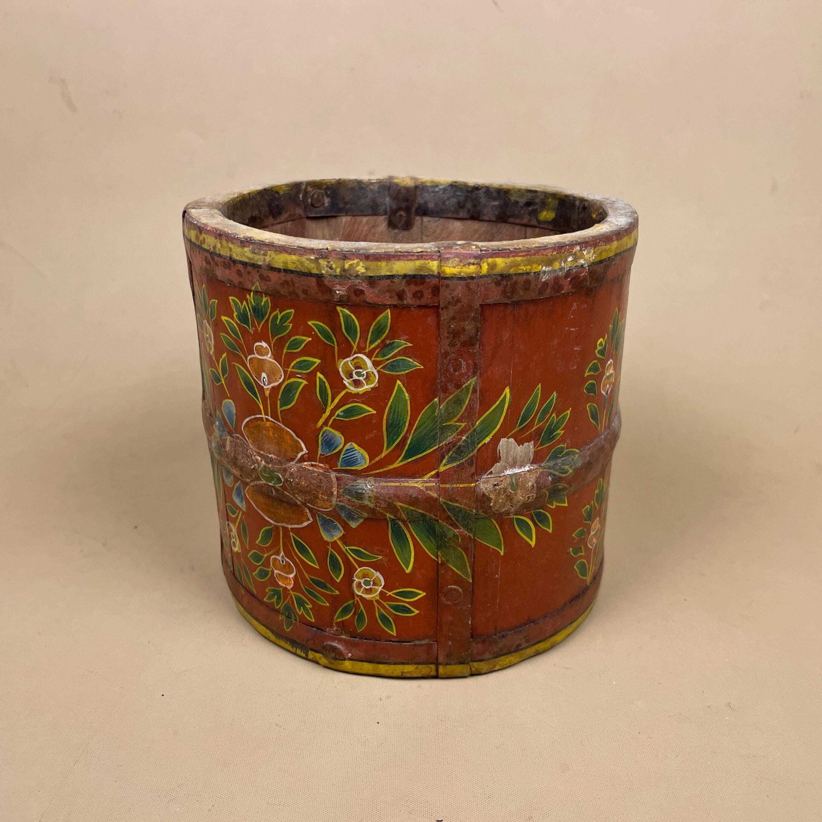 Vintage Hand Painted Wooden Planer Pot Red Floral Decorative Indian Wood Rustic Boho Barrel Vessel Farmhouse Cottage photo 55.0