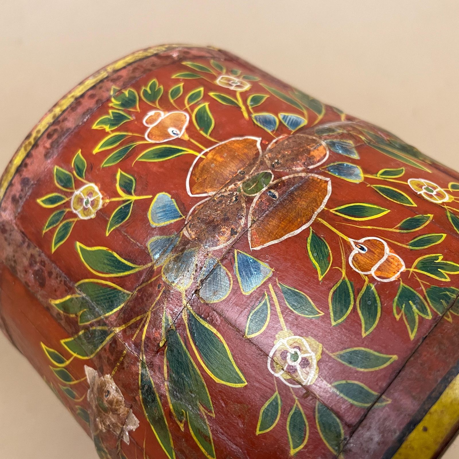 Vintage Hand Painted Wooden Planer Pot Red Floral Decorative Indian Wood Rustic Boho Barrel Vessel Farmhouse Cottage photo buy