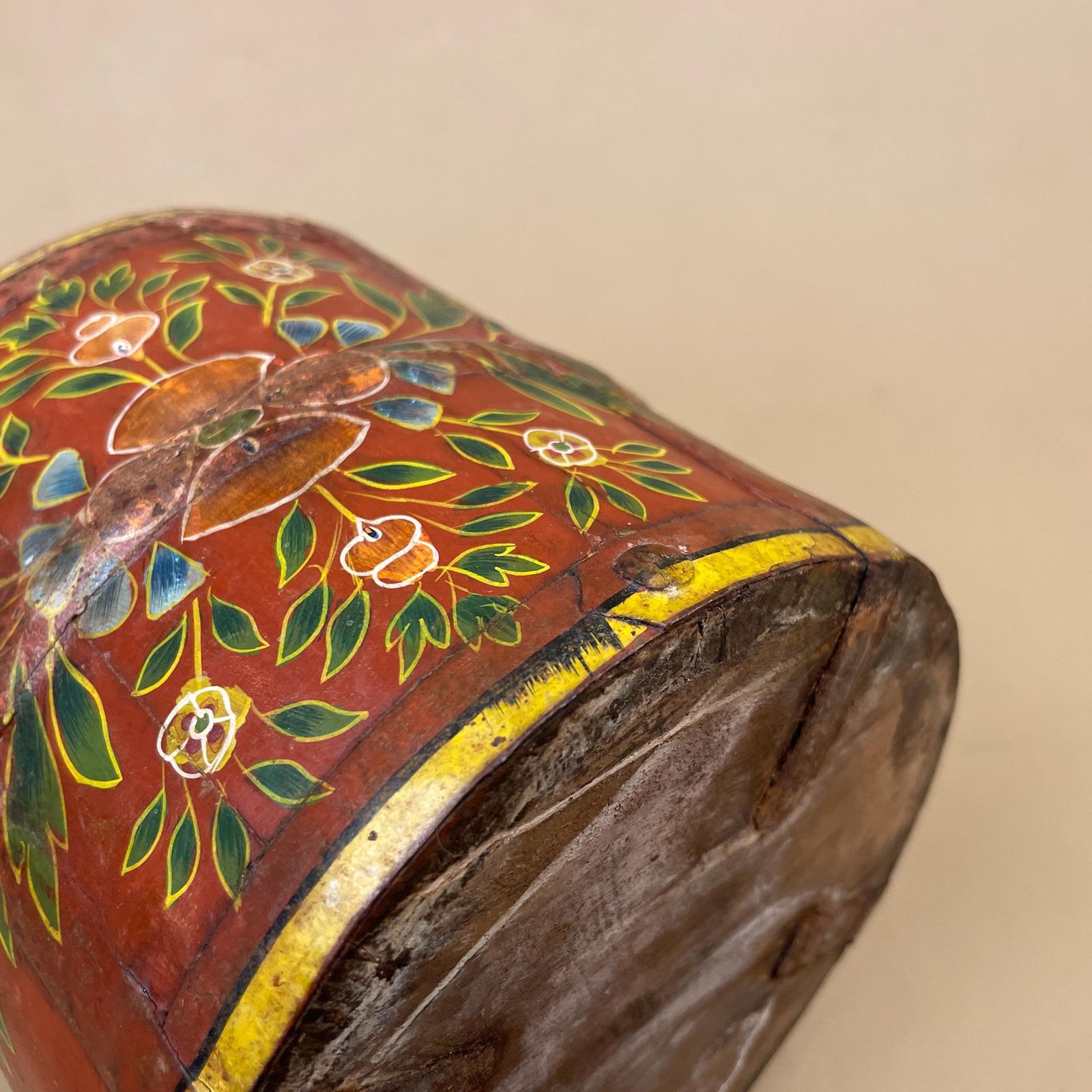 Vintage Hand Painted Wooden Planer Pot Red Floral Decorative Indian Wood Rustic Boho Barrel Vessel Farmhouse Cottage photo vintage