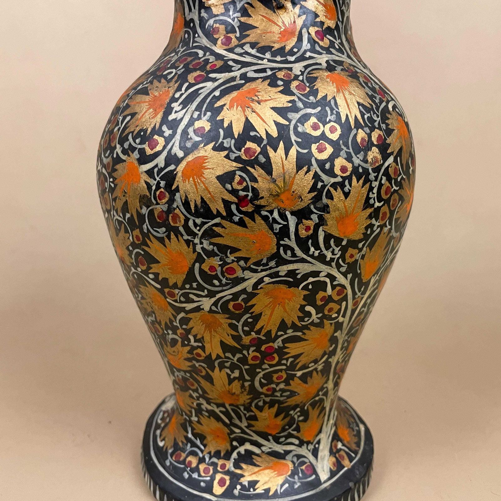 Indian Paper Mache Vase Hand Painted Black Floral Vintage Kashmiri Table Display Folk Art Collectible Handmade photo for sale