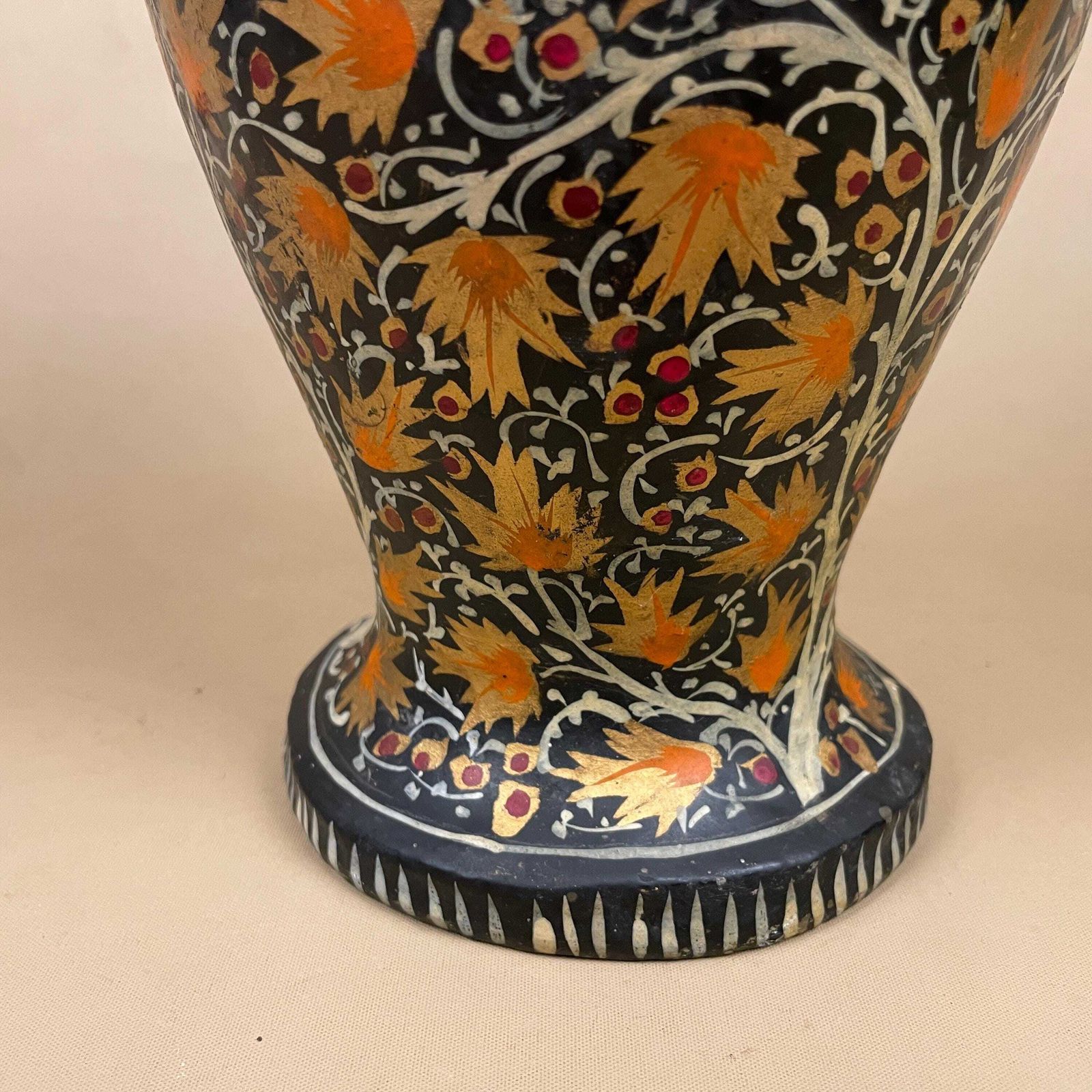 Indian Paper Mache Vase Hand Painted Black Floral Vintage Kashmiri Table Display Folk Art Collectible Handmade photo Home Decor