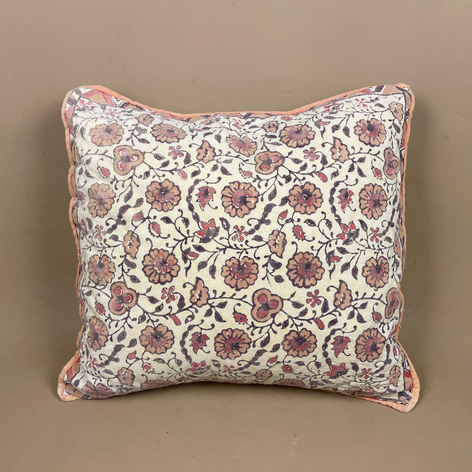 Indian Hand Printed Cushion Floral Quilted Feather Filled Pillow Cover Pale Muted Cream Piping Edge Vintage Scatter Sofa Throw Cushion