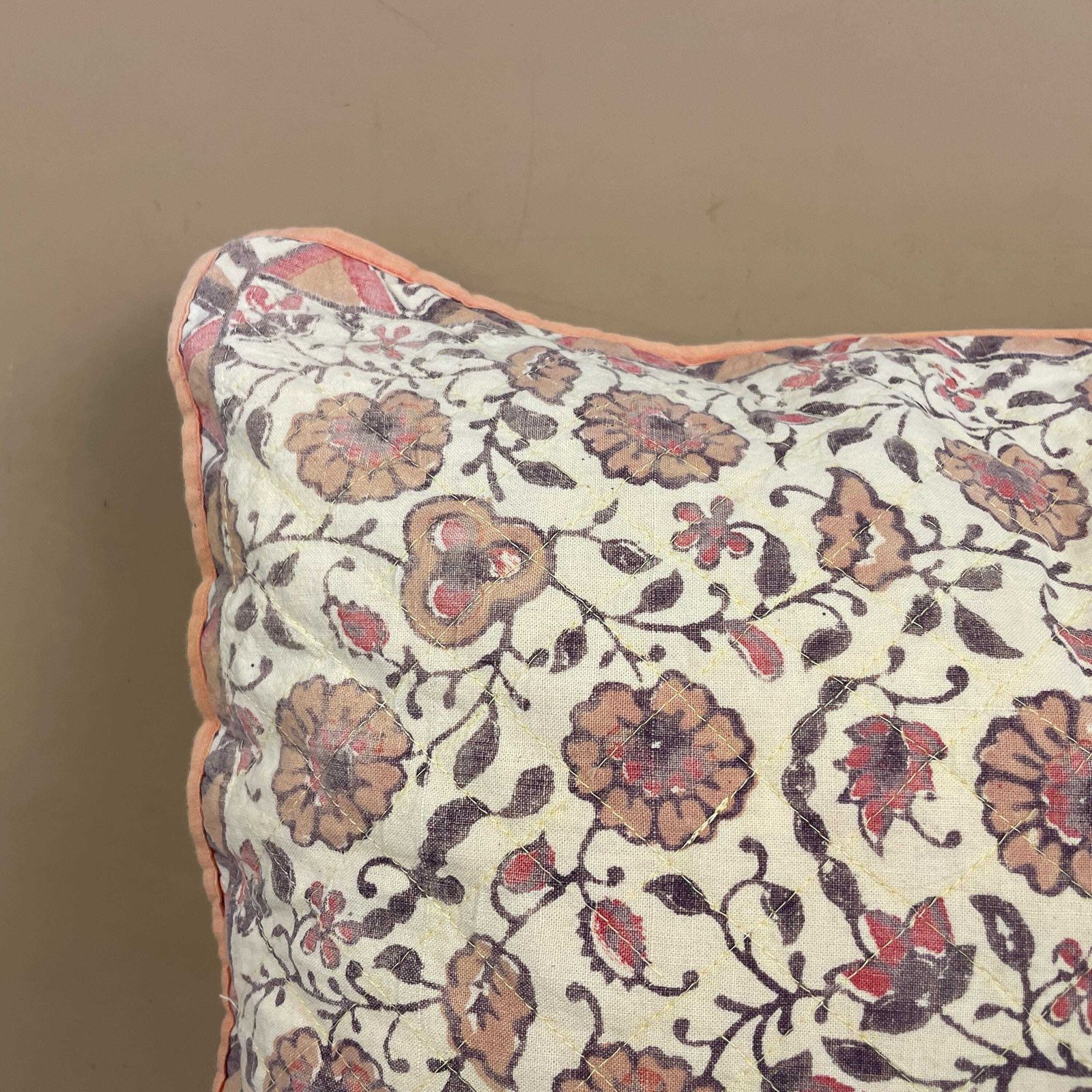 Indian Hand Printed Cushion Floral Quilted Feather Filled Pillow Cover Pale Muted Cream Piping Edge Vintage Scatter Sofa Throw Cushion photo for sale