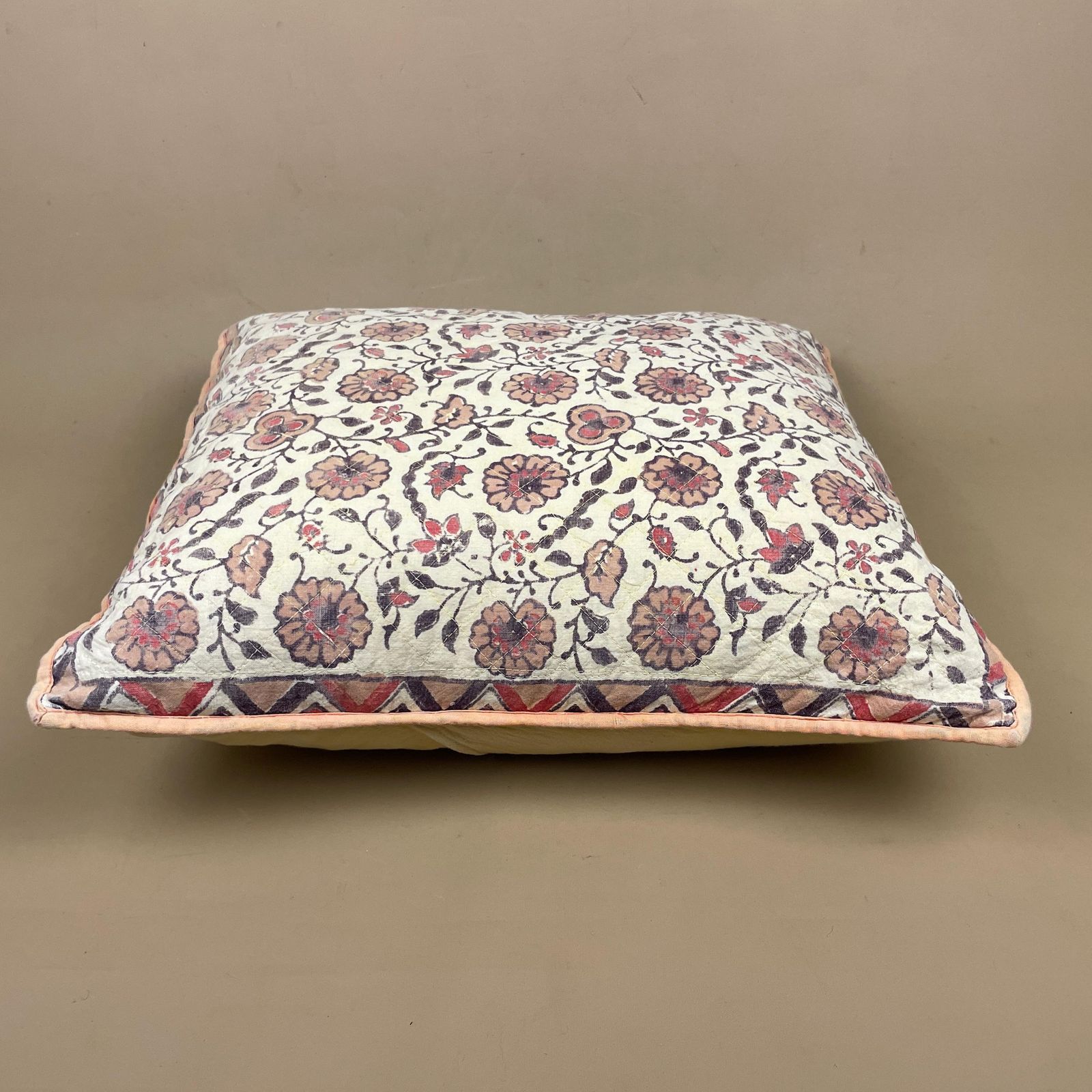 Indian Hand Printed Cushion Floral Quilted Feather Filled Pillow Cover Pale Muted Cream Piping Edge Vintage Scatter Sofa Throw Cushion photo buy