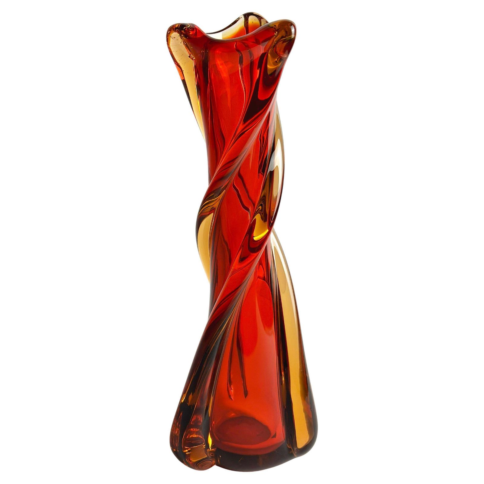 Mid Century Murano Vase Attributed To Galliano Ferro, Swung Glass, Red & Amber