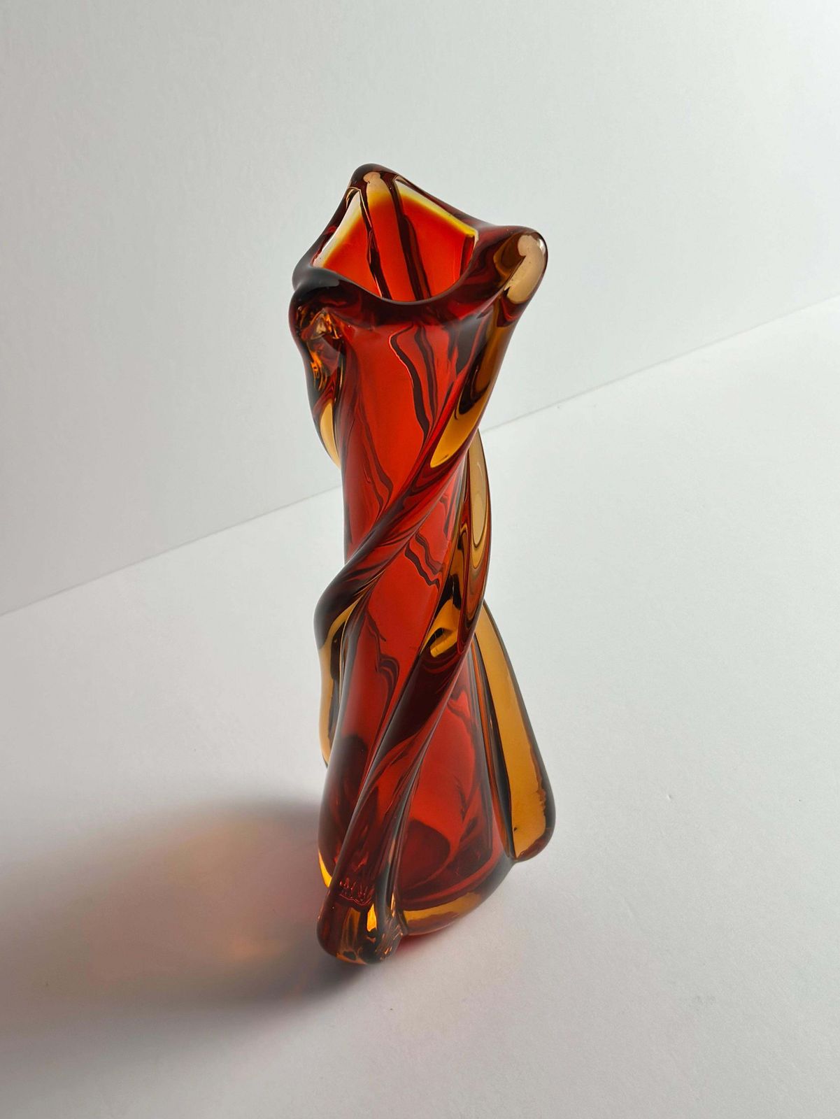 Mid Century Murano Vase Attributed To Galliano Ferro, Swung Glass, Red & Amber photo for sale