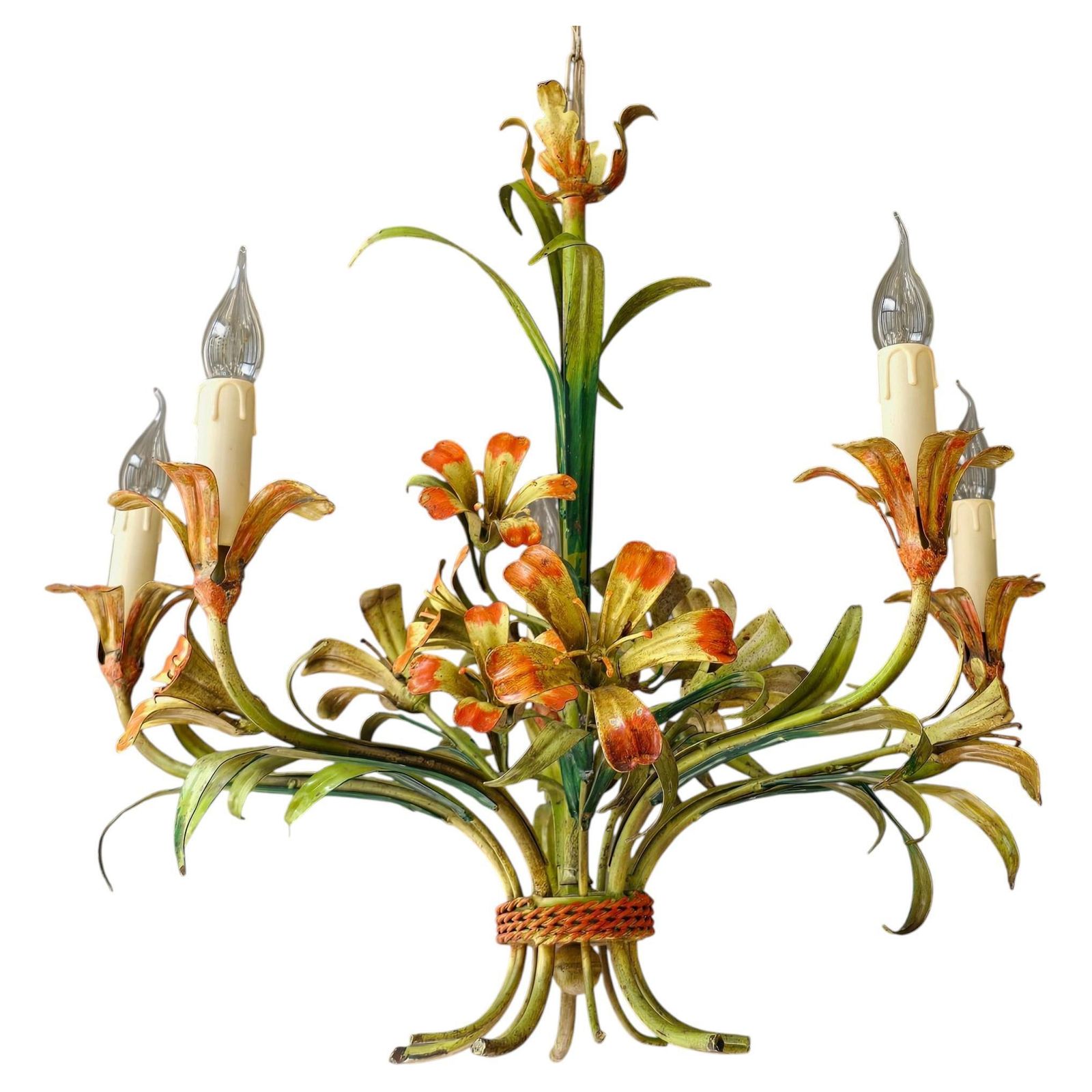 Italian Tole Floral Chandelier, Hand Painted, 1960s