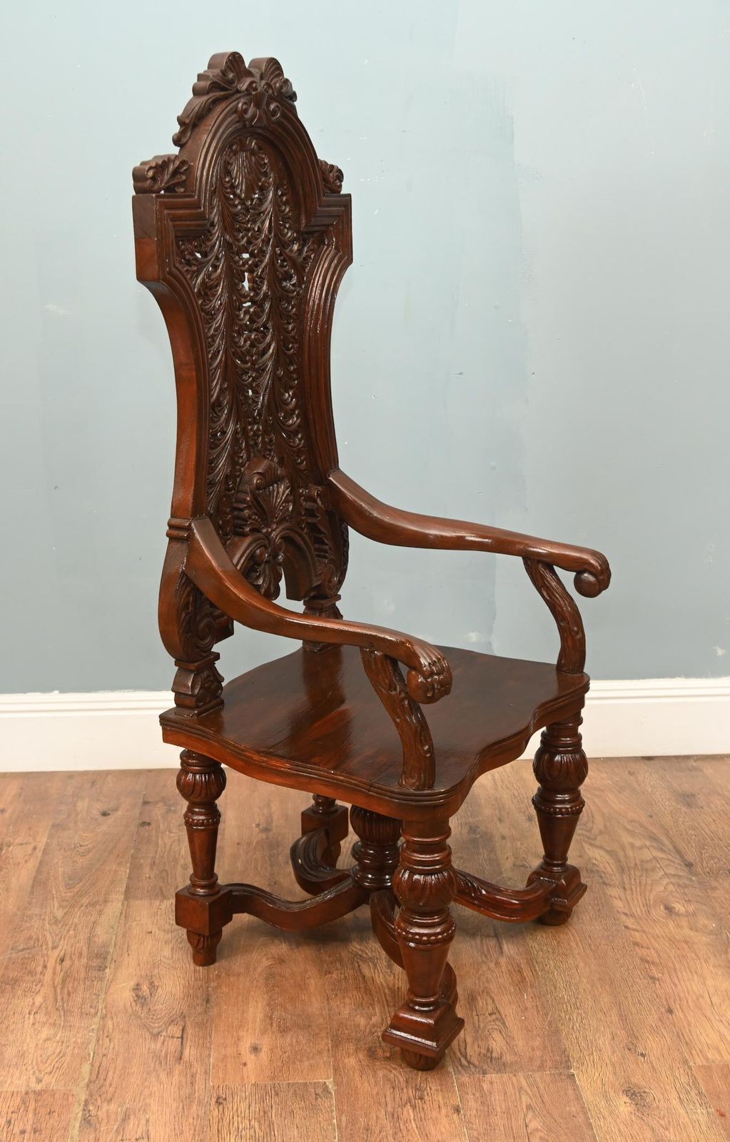 Pair Jacobean Hall Chairs Revival Arm Thrones Carved Oak photo Furniture