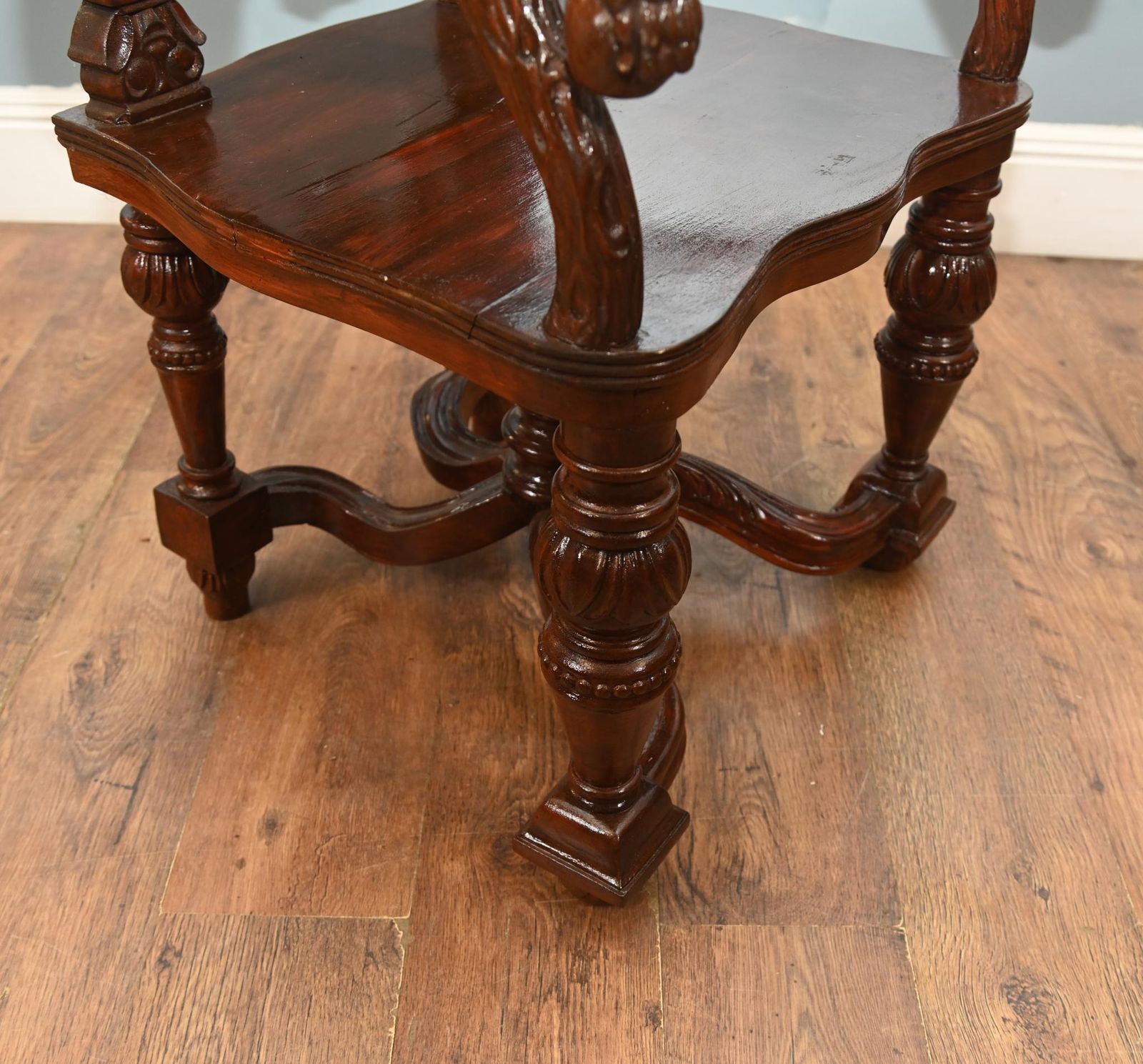 Pair Jacobean Hall Chairs Revival Arm Thrones Carved Oak photo vinterior