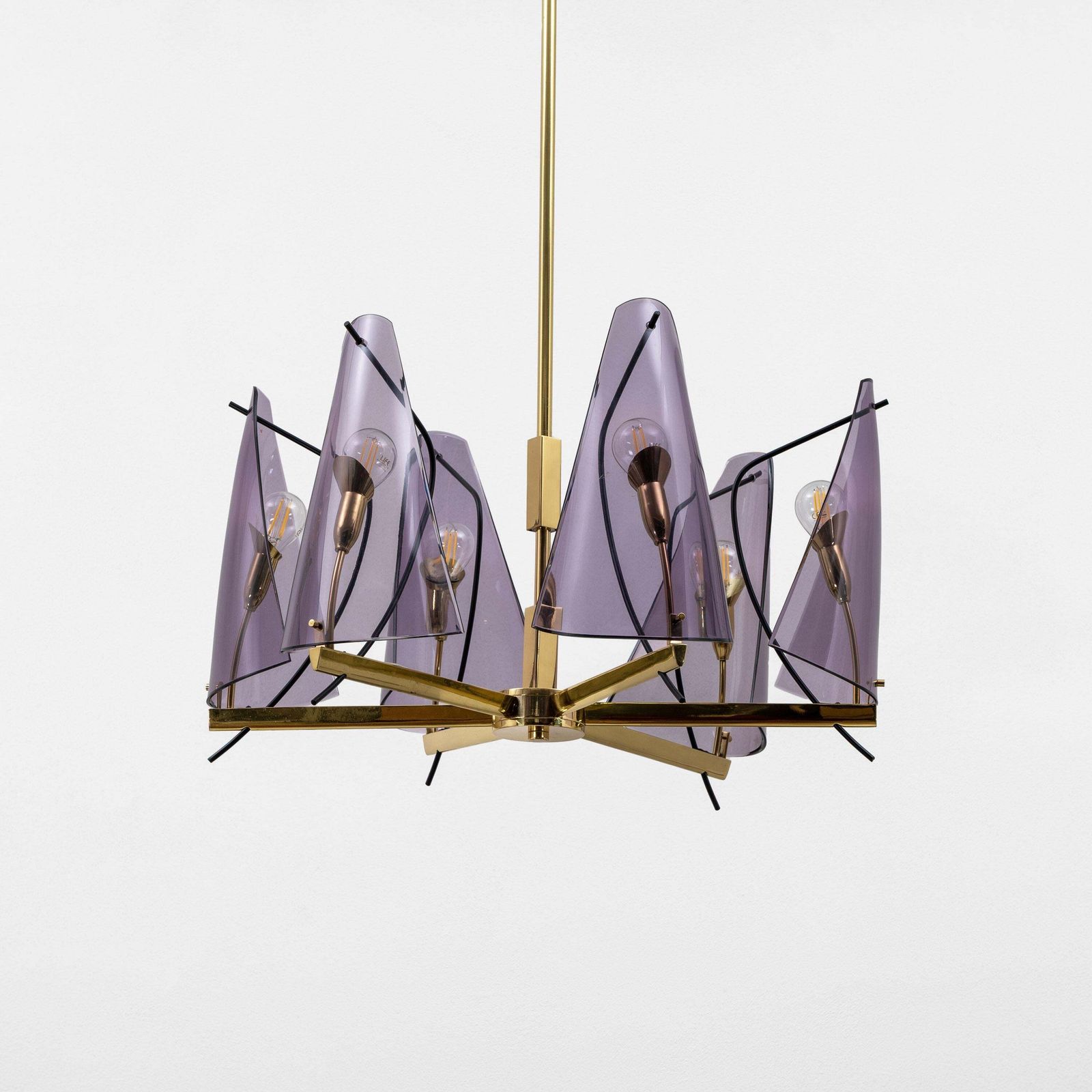 Italian Mid Century Stilux Milano Chandelier In Brass And Purple Plexiglass, 70s photo for sale