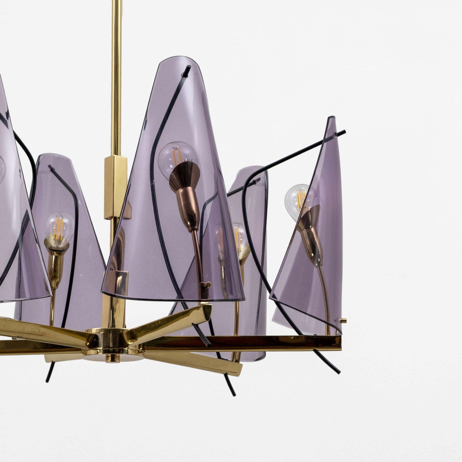 Italian Mid Century Stilux Milano Chandelier In Brass And Purple Plexiglass, 70s photo 1725.0