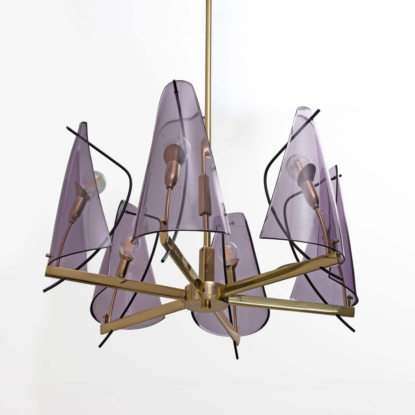Italian Mid Century Stilux Milano Chandelier In Brass And Purple Plexiglass, 70s photo vintage