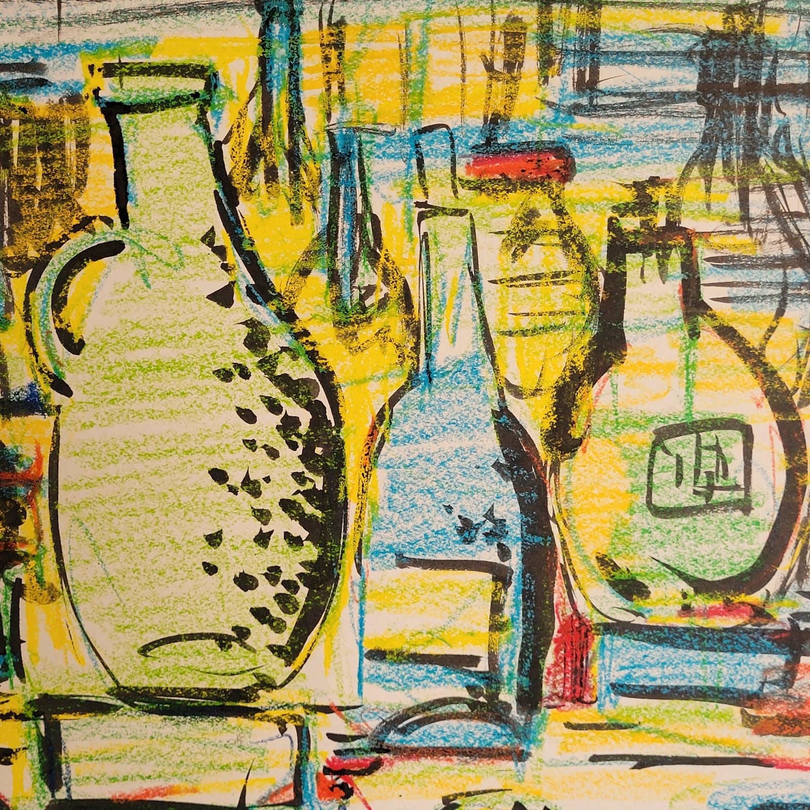 André Pierard Colorful Tablescape Still Life Of Bottles & Fruit. Gouache, Pastel. 54cm X 72cm. 1970s photo buy