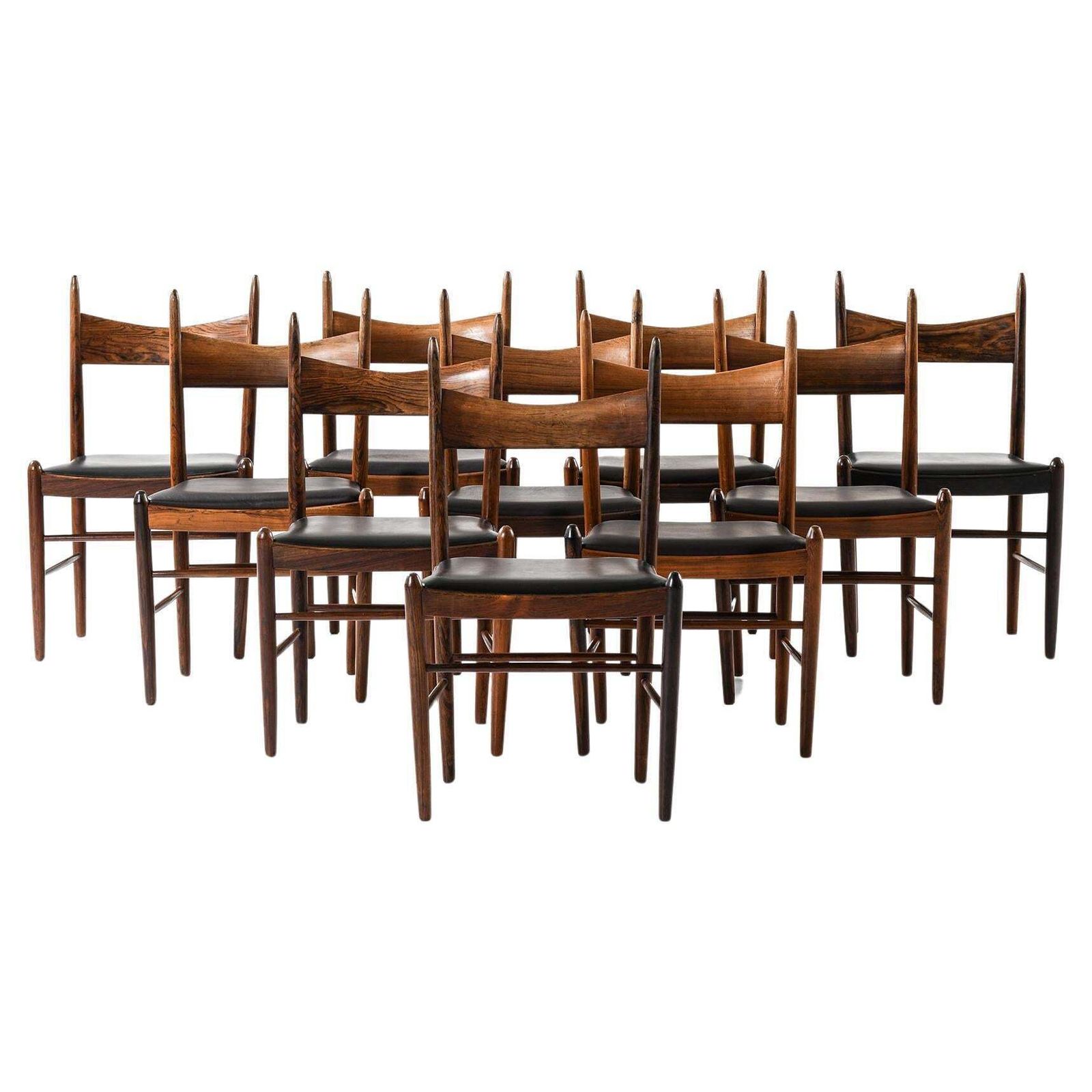 Rare Set Of Ten Dining Chairs In Leather And Rosewood By Illum Wikkelsø, 1950s