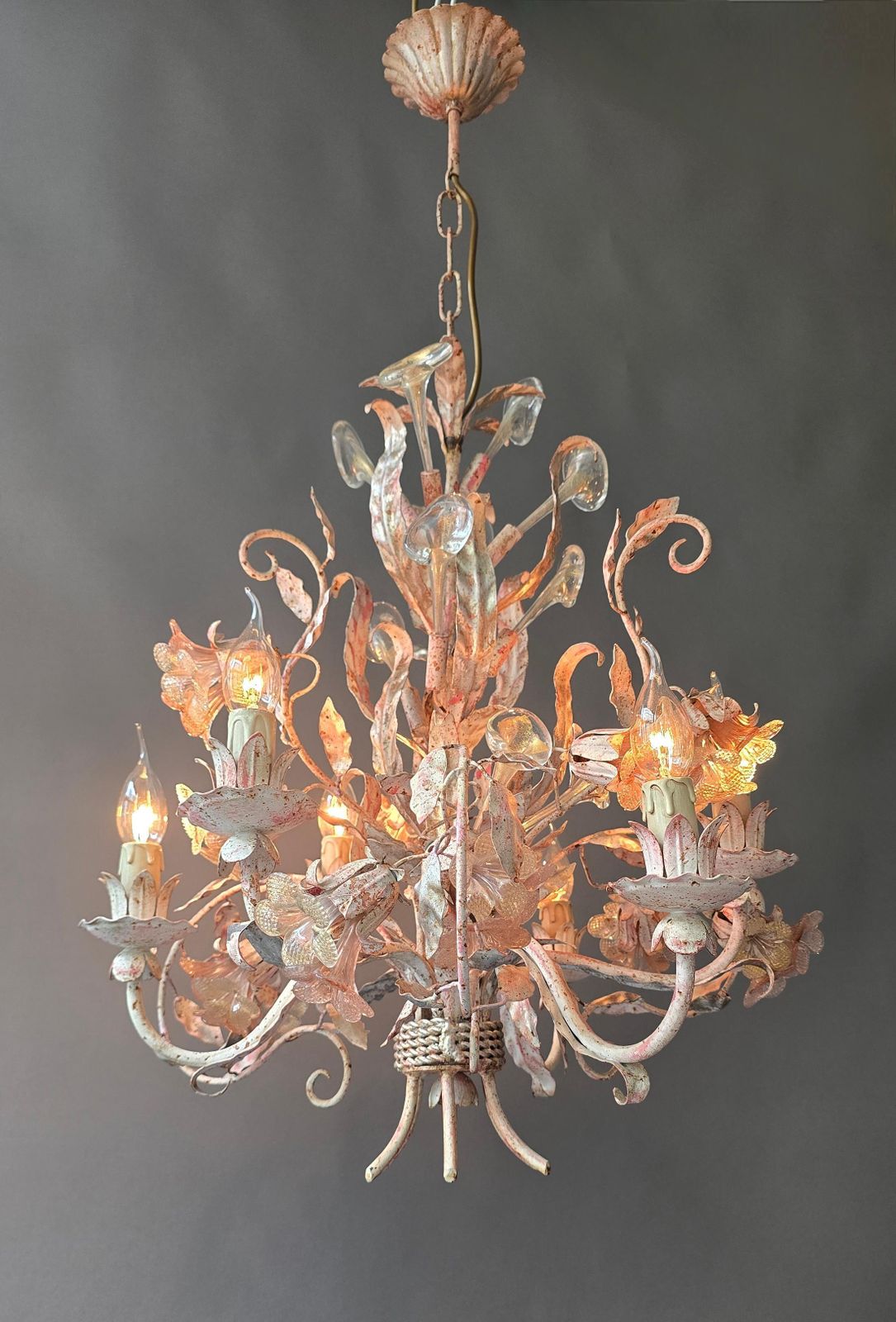 photo for sale Italian Florentine Chandelier With Gold Flecked Glass, 1970s