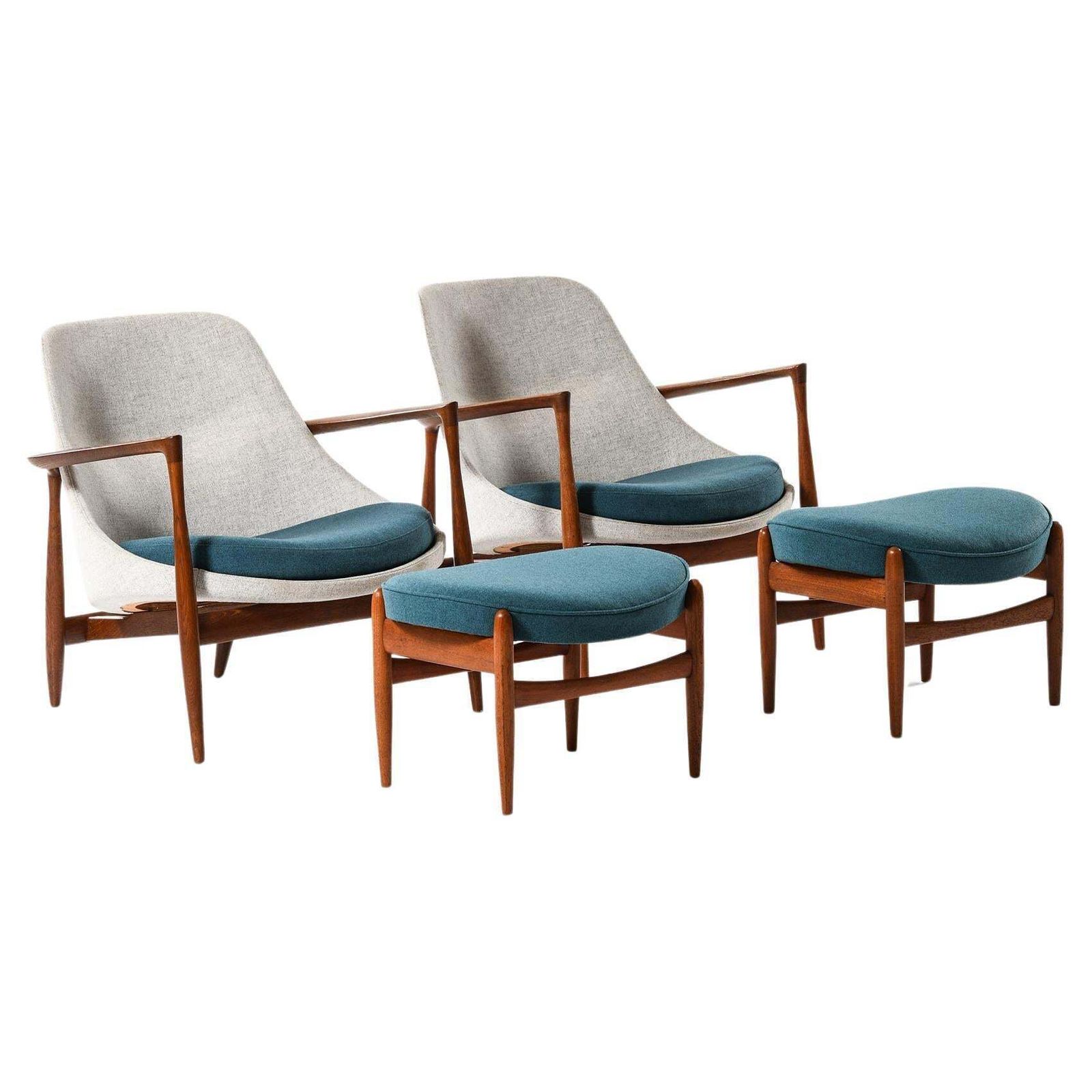 Set Of Easy Chairs In Wool And Teak By Ib Kofod Larsen, 1956