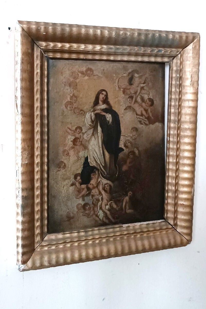 Antique Oil Painting On Wood, Depicting The Immaculate Conception, 18th Century photo for sale