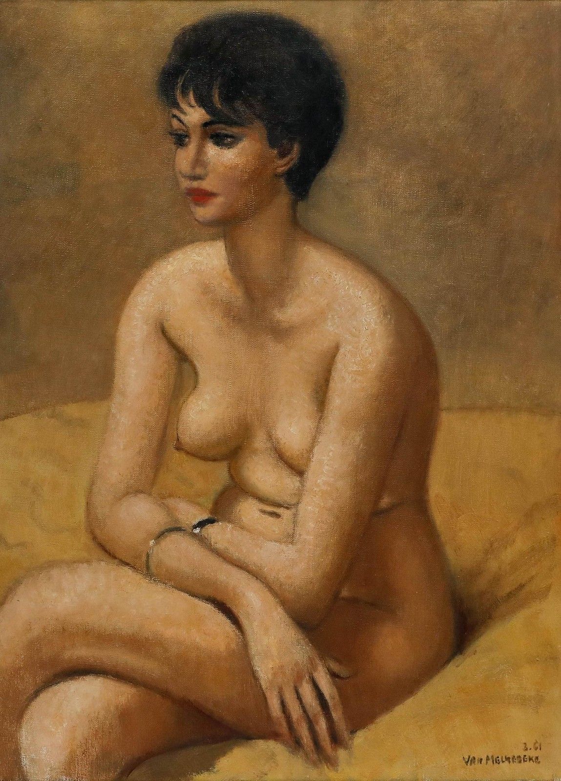 Jacques Van Melkebeke (1904 1983) Framed Mid 20th Century Oil, Sitting Nude photo furniture