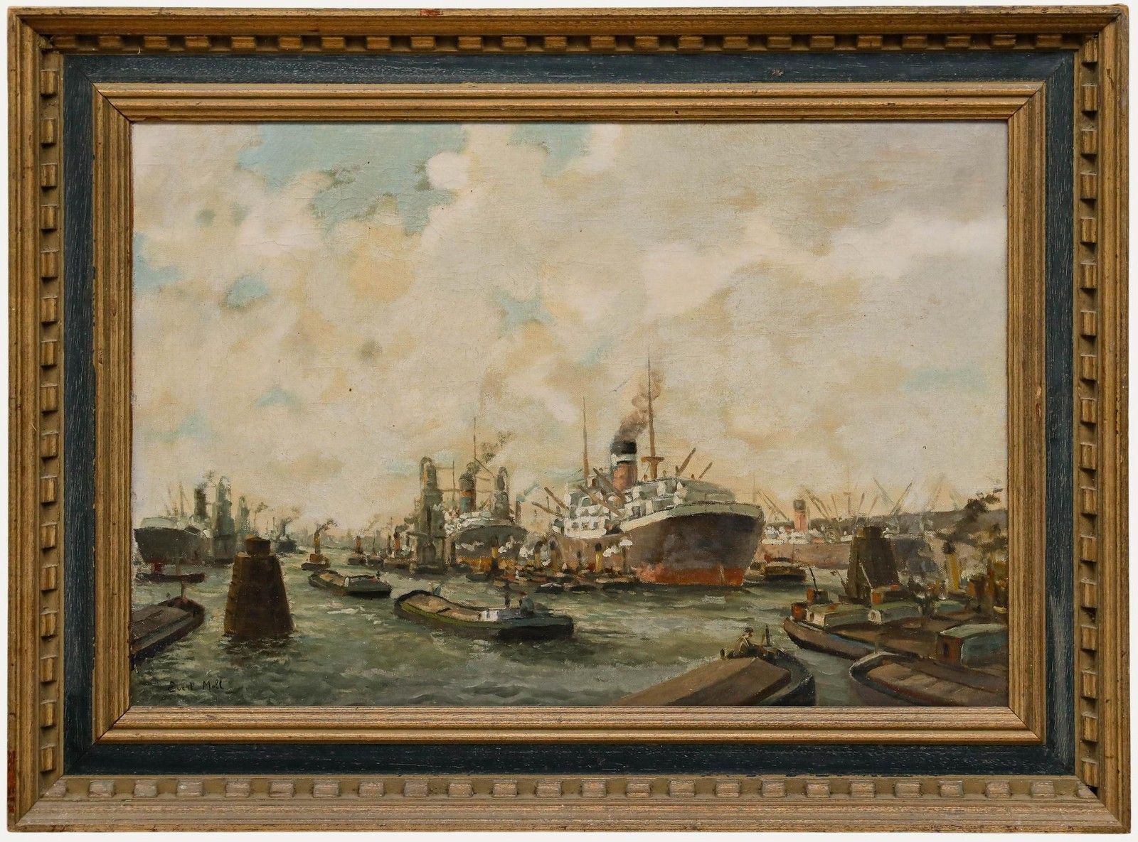 Evert Moll (1878 1955) Framed Early 20th Century Oil, Rotterdam Harbour