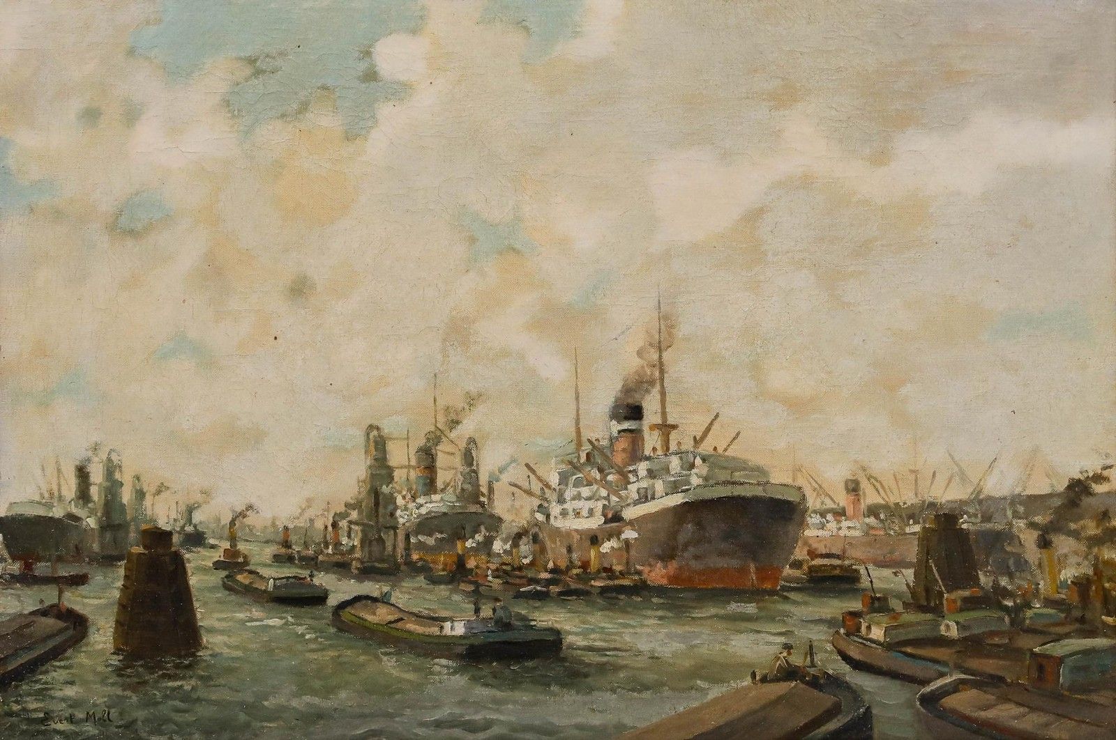 Evert Moll (1878 1955) Framed Early 20th Century Oil, Rotterdam Harbour photo furniture
