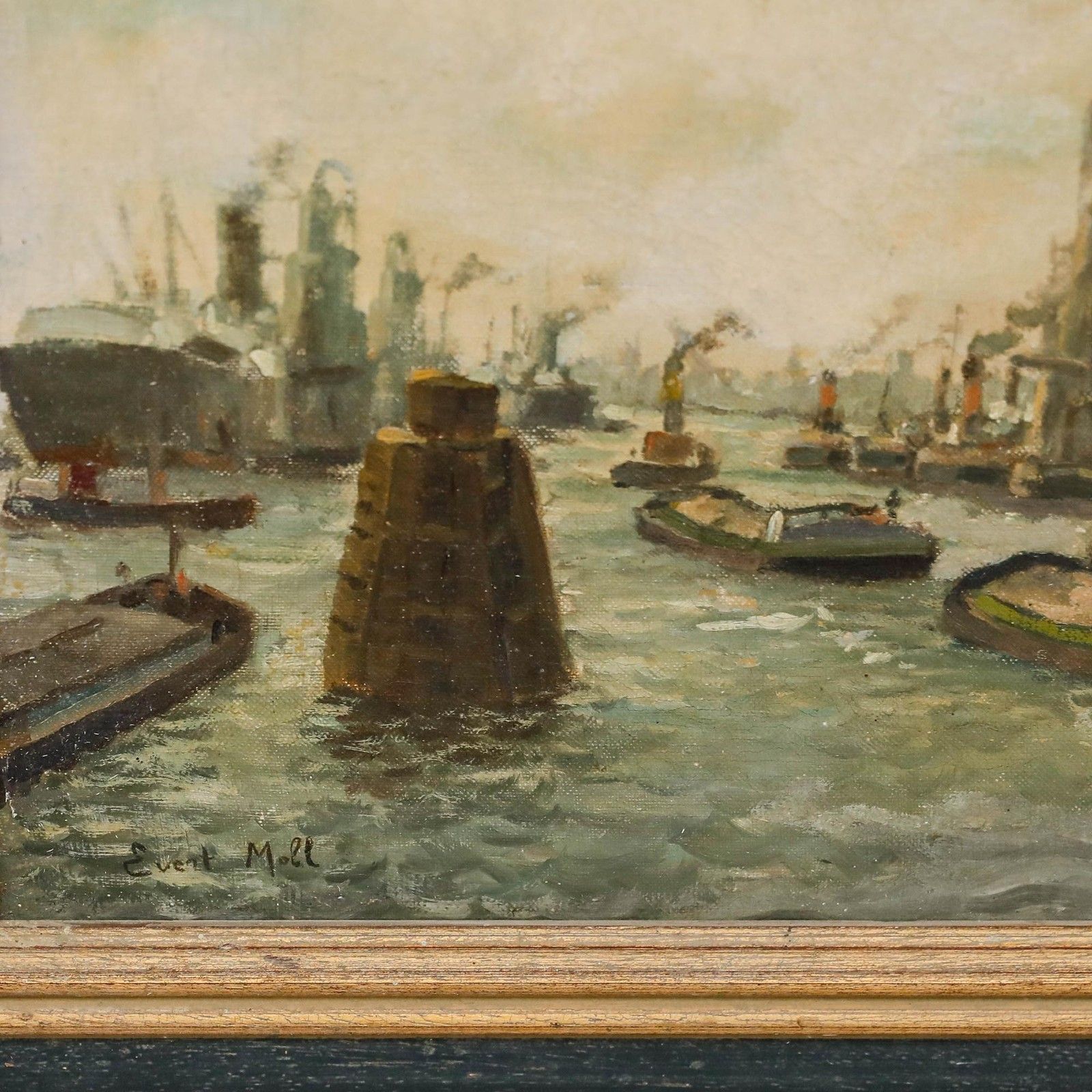 Evert Moll (1878 1955) Framed Early 20th Century Oil, Rotterdam Harbour photo vinterior