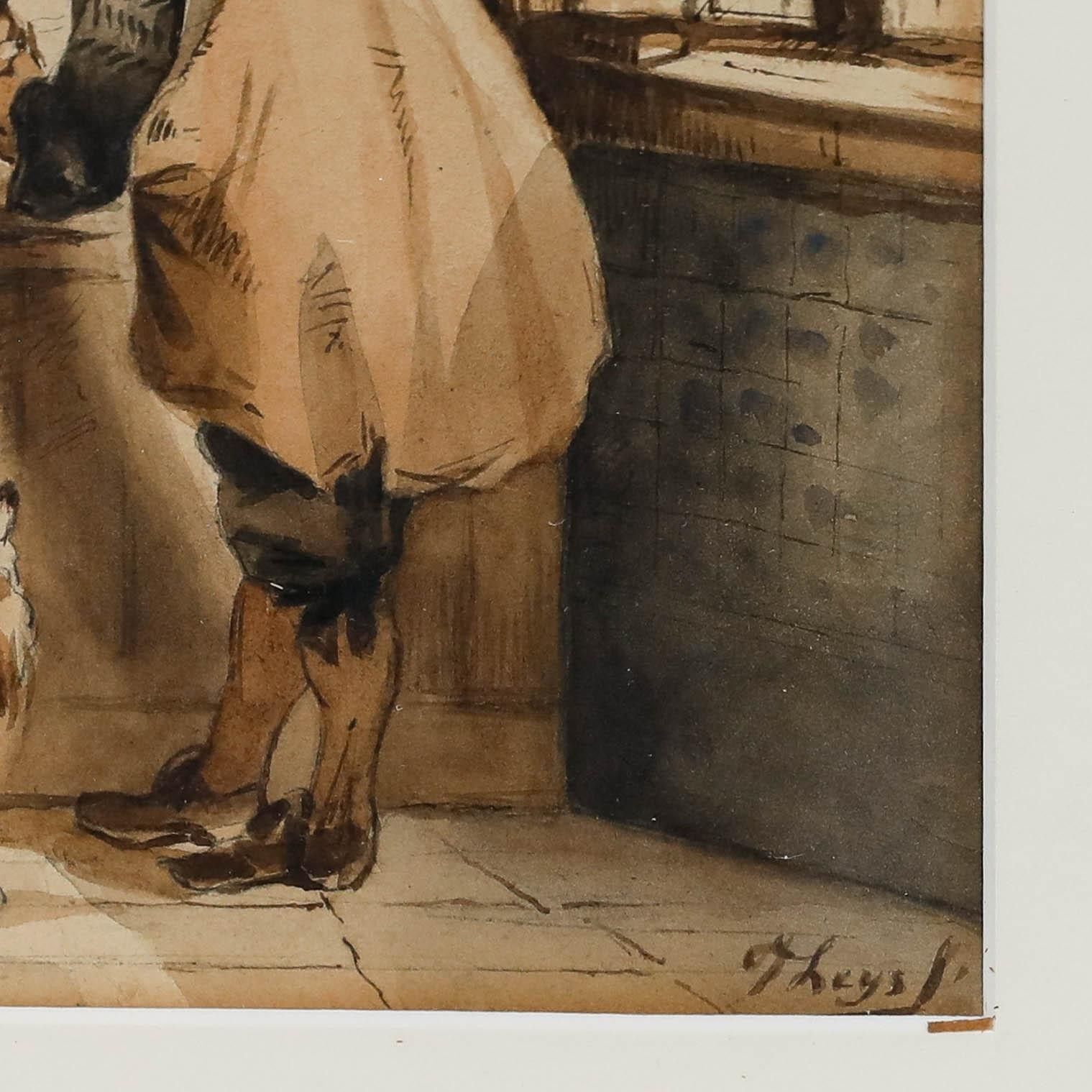J. Theys Framed 19th Century Watercolour, At The Inn photo vintage