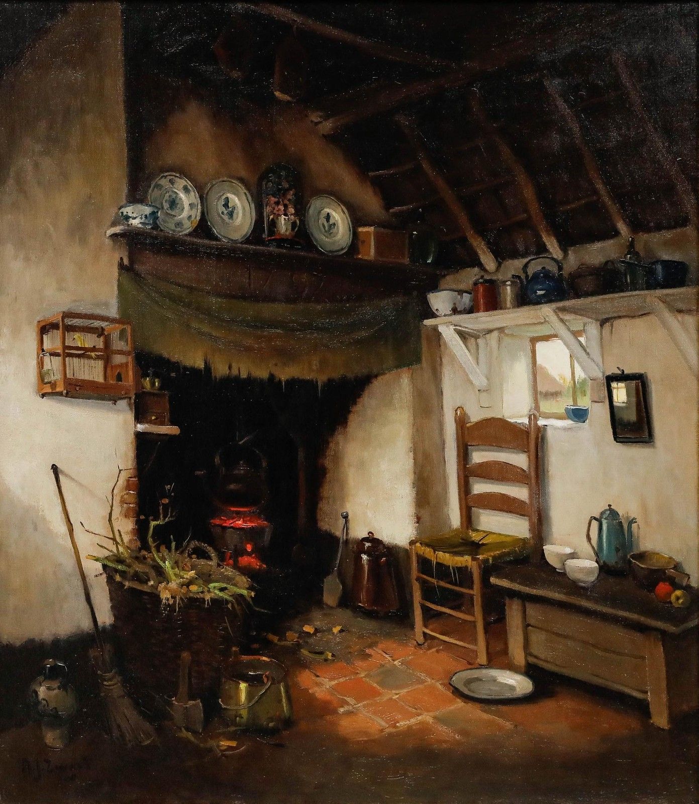 Arie Zwart (1903 1981) Framed 20th Century Oil, Farmhouse Interior photo furniture