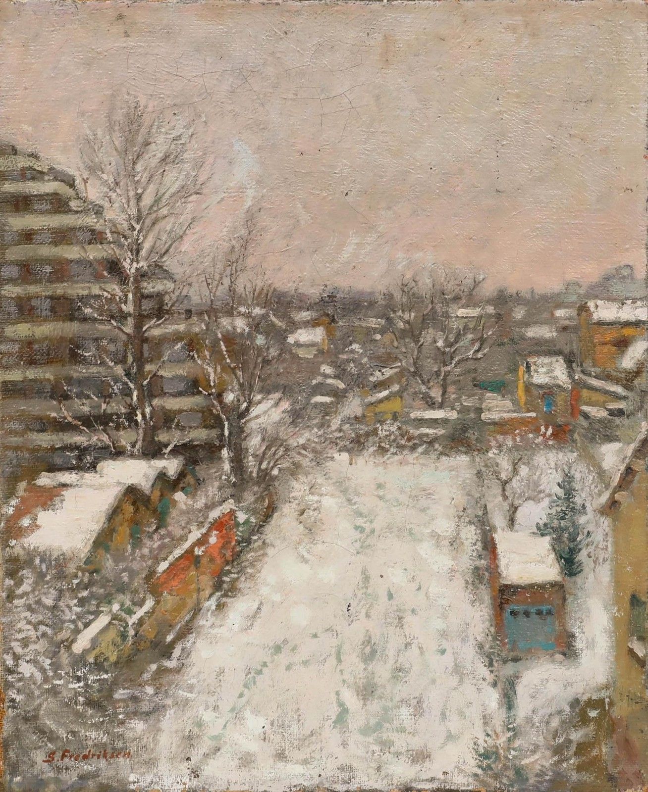 Sigurd Fredriksen (1907 1986) Mid 20th Century Oil, Snowy Garden photo furniture