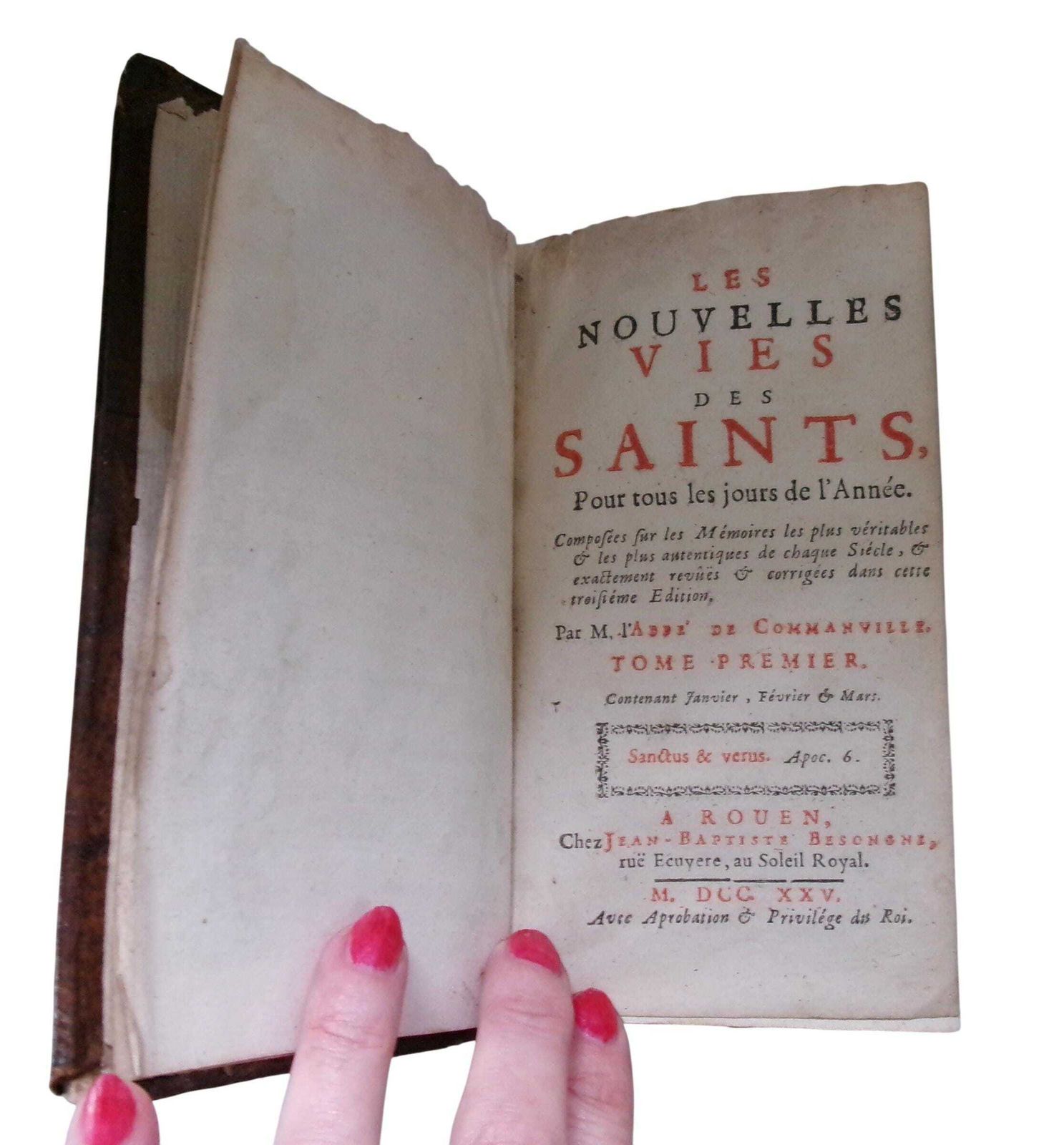 1725 French Religious Book, Les Nouvelles Vies Des Saints, Leather Bound, Lives Of The Saints Vol I photo for sale