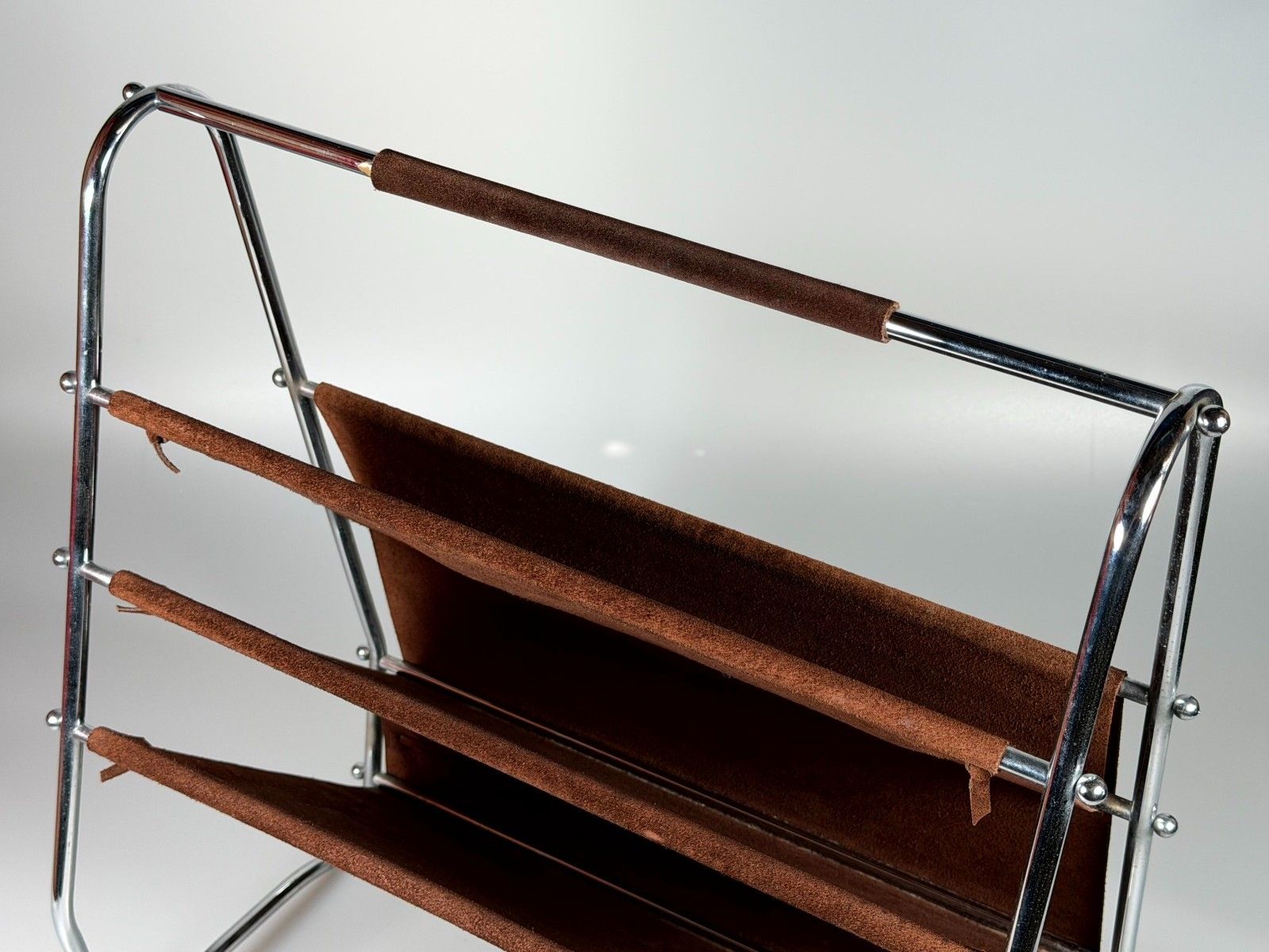 60s 70s Newspaper Holder Magazine Rack Metal Leather Mid Century Design photo Home Decor