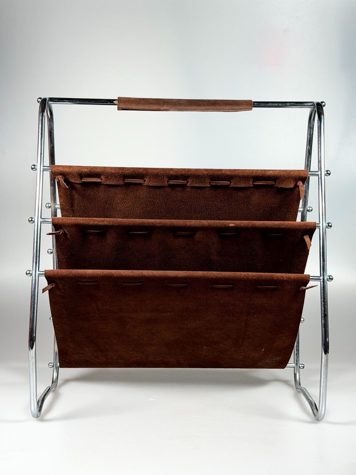 photo buy 60s 70s Newspaper Holder Magazine Rack Metal Leather Mid Century Design