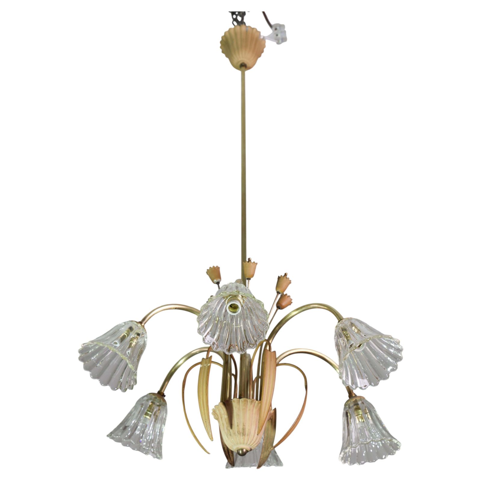 Art Decò Murano Glass And Brass Chandelier, 6 Light, 1950