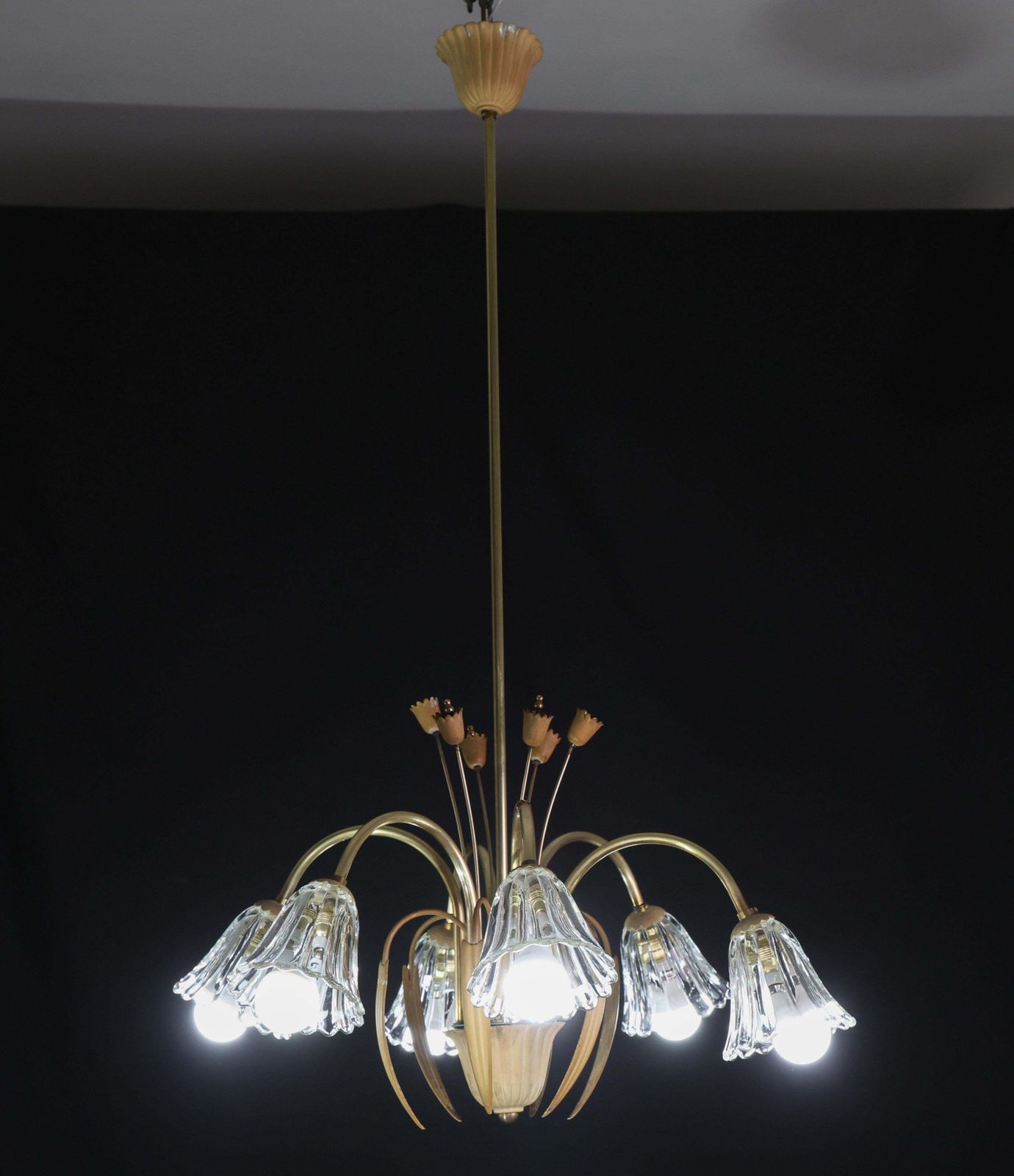 Art Decò Murano Glass And Brass Chandelier, 6 Light, 1950 photo furniture