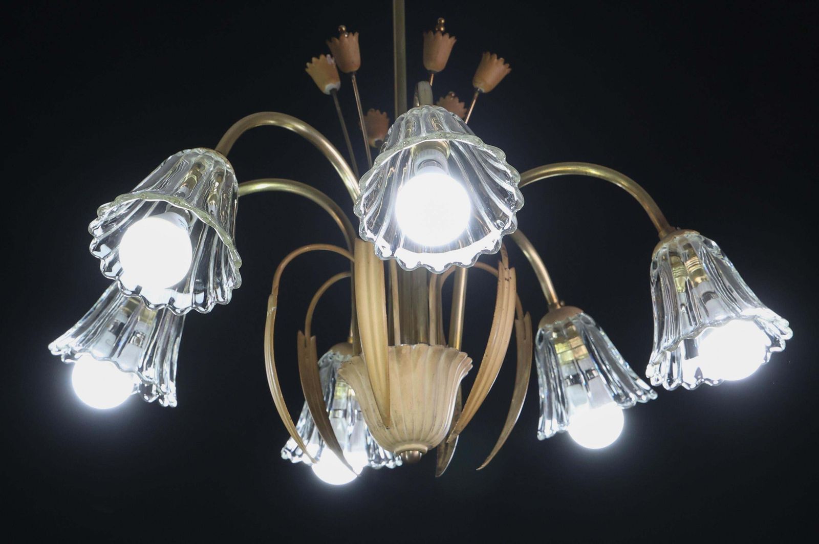 Art Decò Murano Glass And Brass Chandelier, 6 Light, 1950 photo Lighting