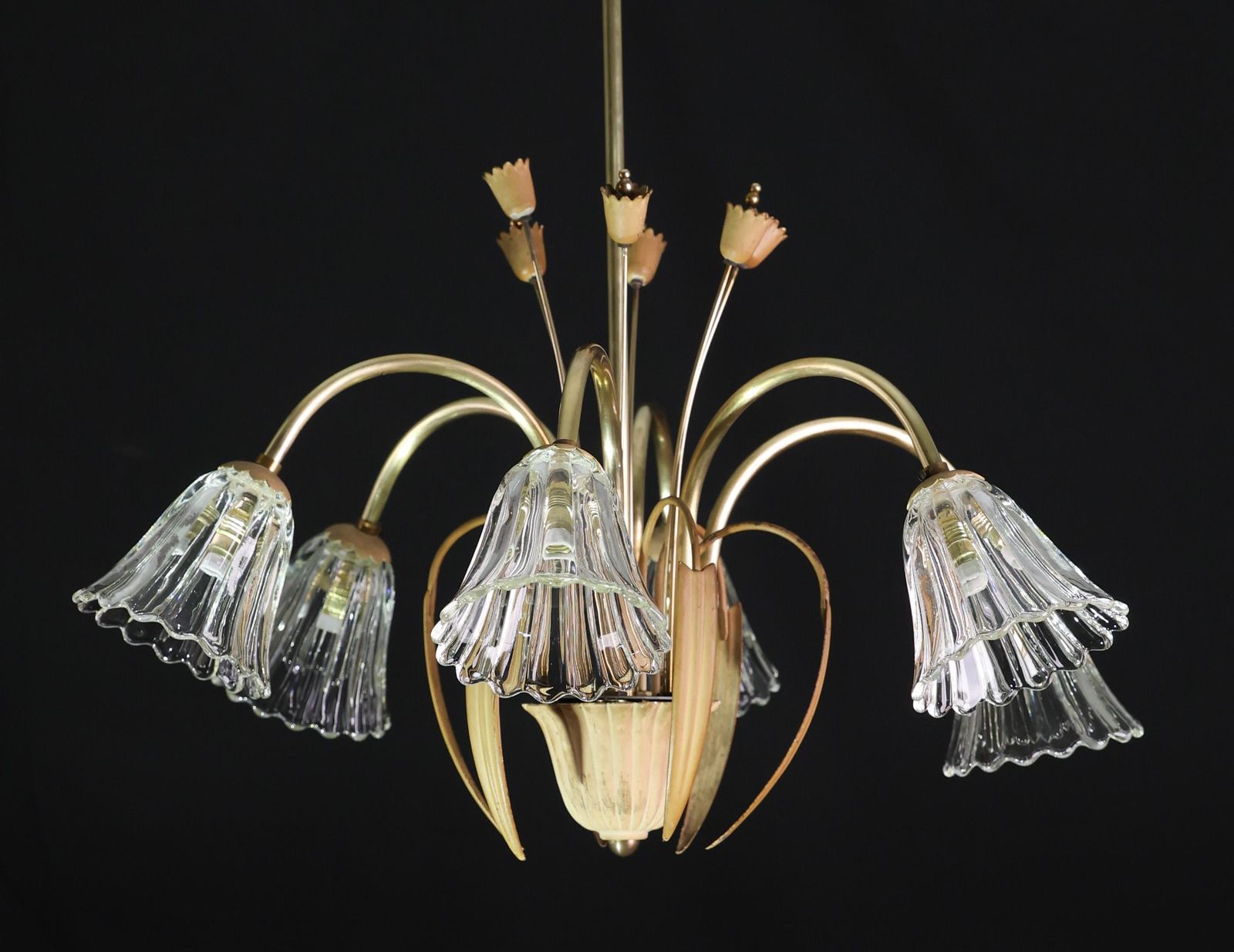 photo buy Art Decò Murano Glass And Brass Chandelier, 6 Light, 1950