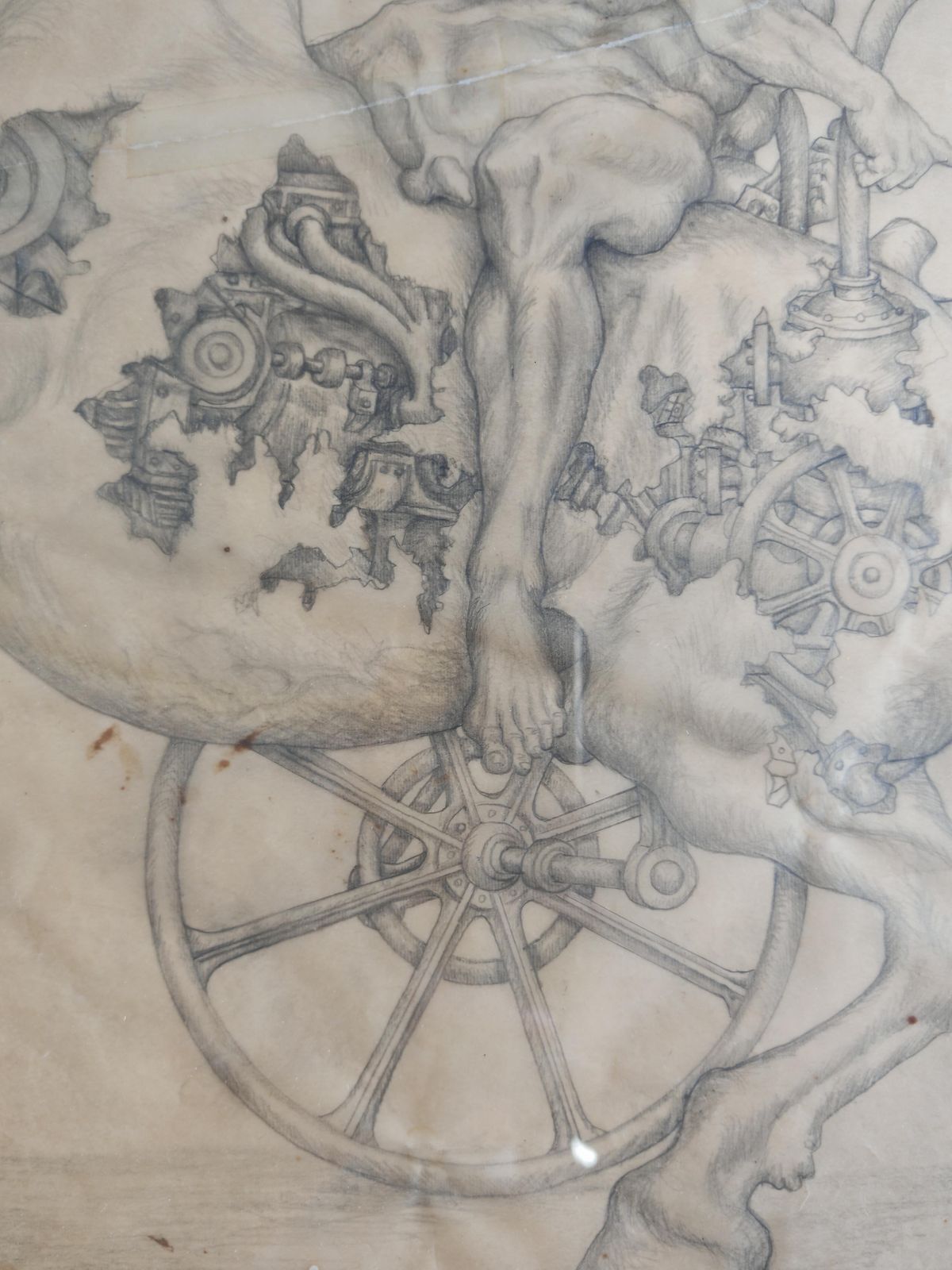 Figurative Composition With Mechanical Motifs, Pencil On Paper By Dusan Gakovic photo Art