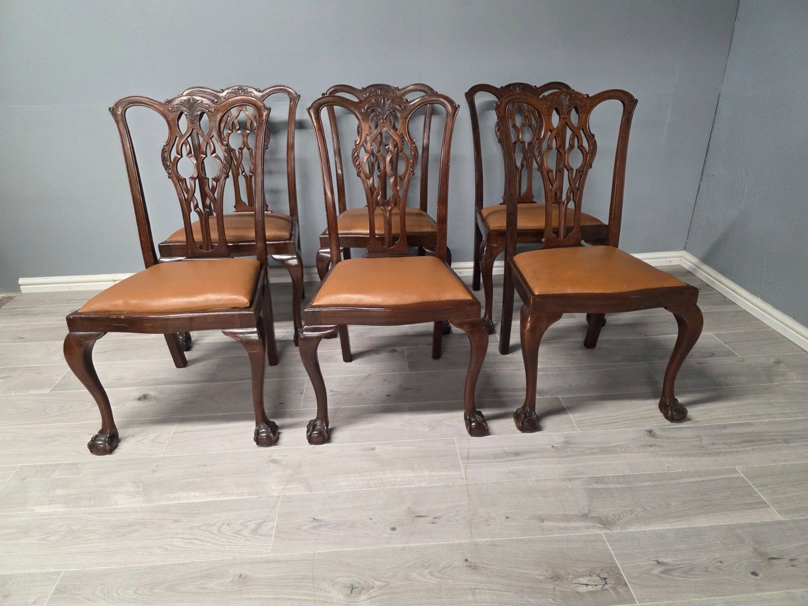 Antique Set Of 6 Mahogany Chippendale Style Dining Chairs