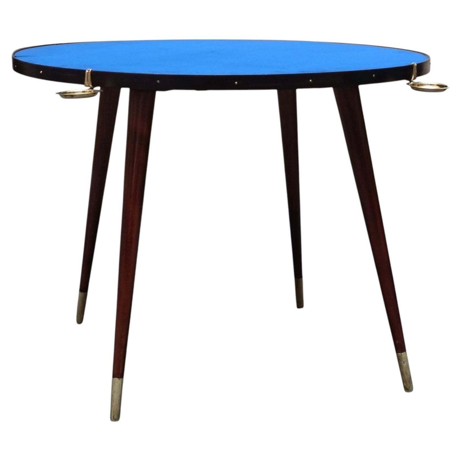 Gio Ponti Style Round Game Table In Wood And Blue Cloth, Italy 1950s